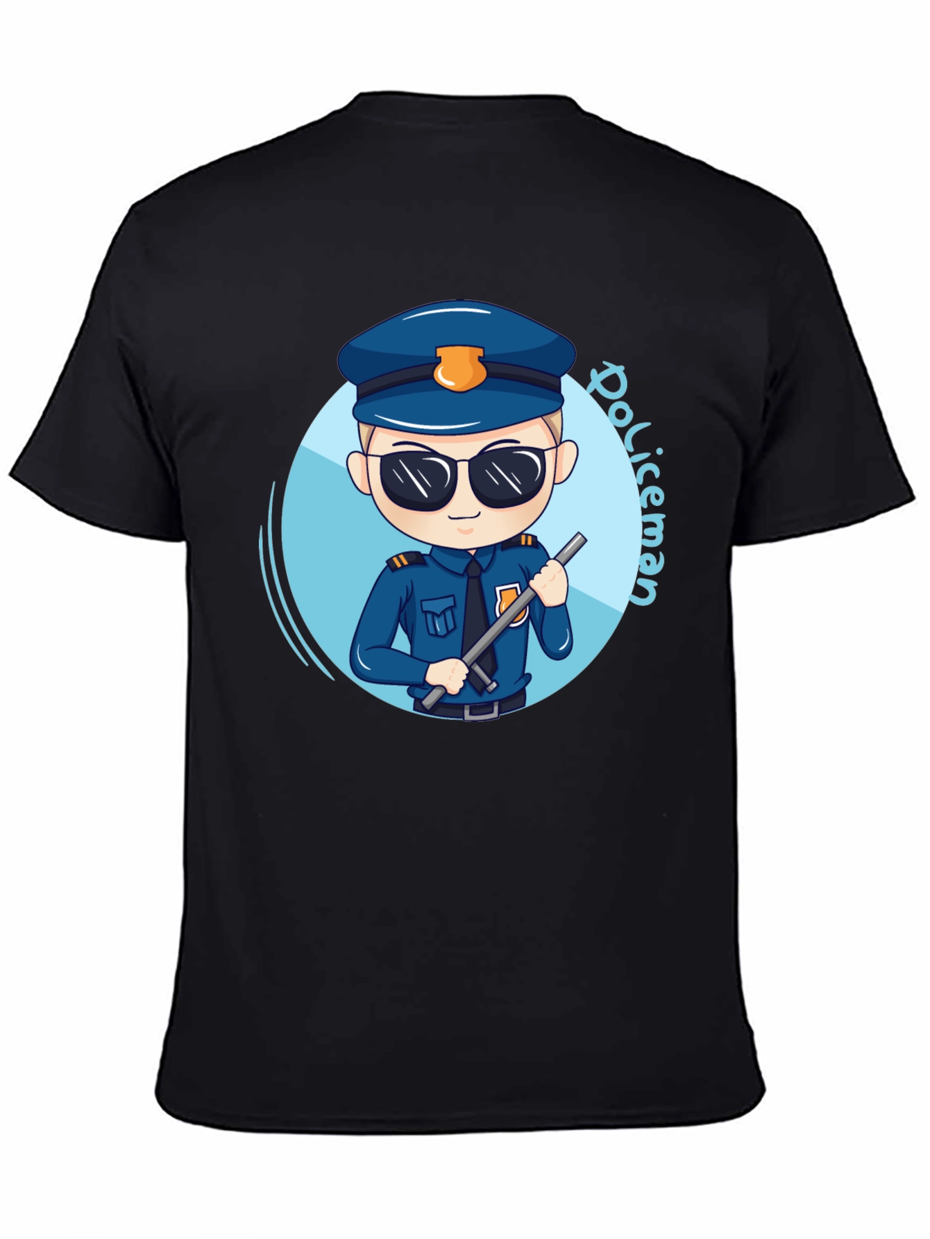Black Cartoon Policeman Graphic Tee - Black Unisex T-Shirt view 4