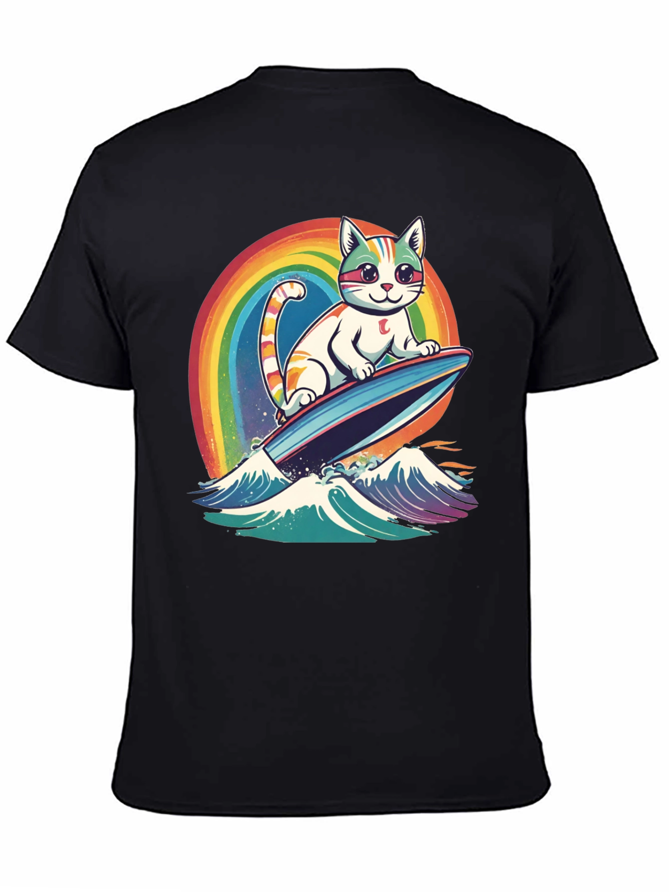 Black Surfing Cat Rainbow T-Shirt view 4