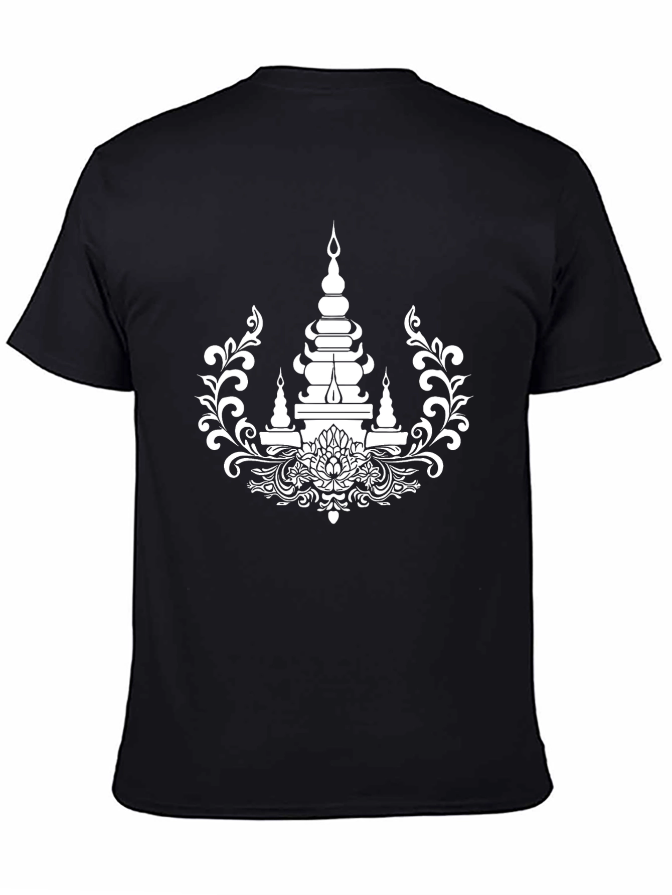 Black Elegant Black T-Shirt with White Temple Design view 4