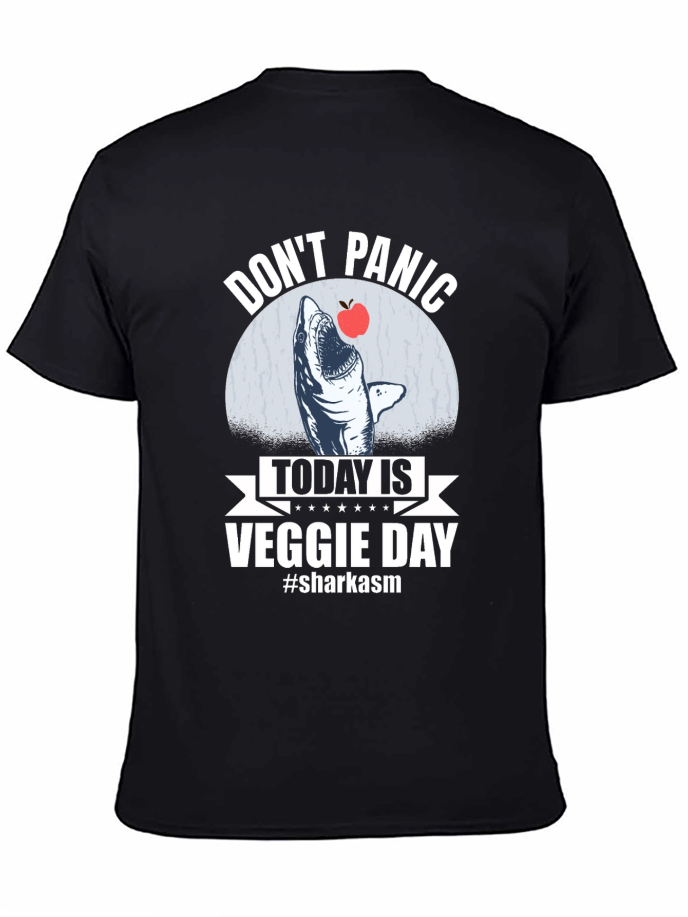 Black Don't Panic Veggie Day Shark T-Shirt view 4
