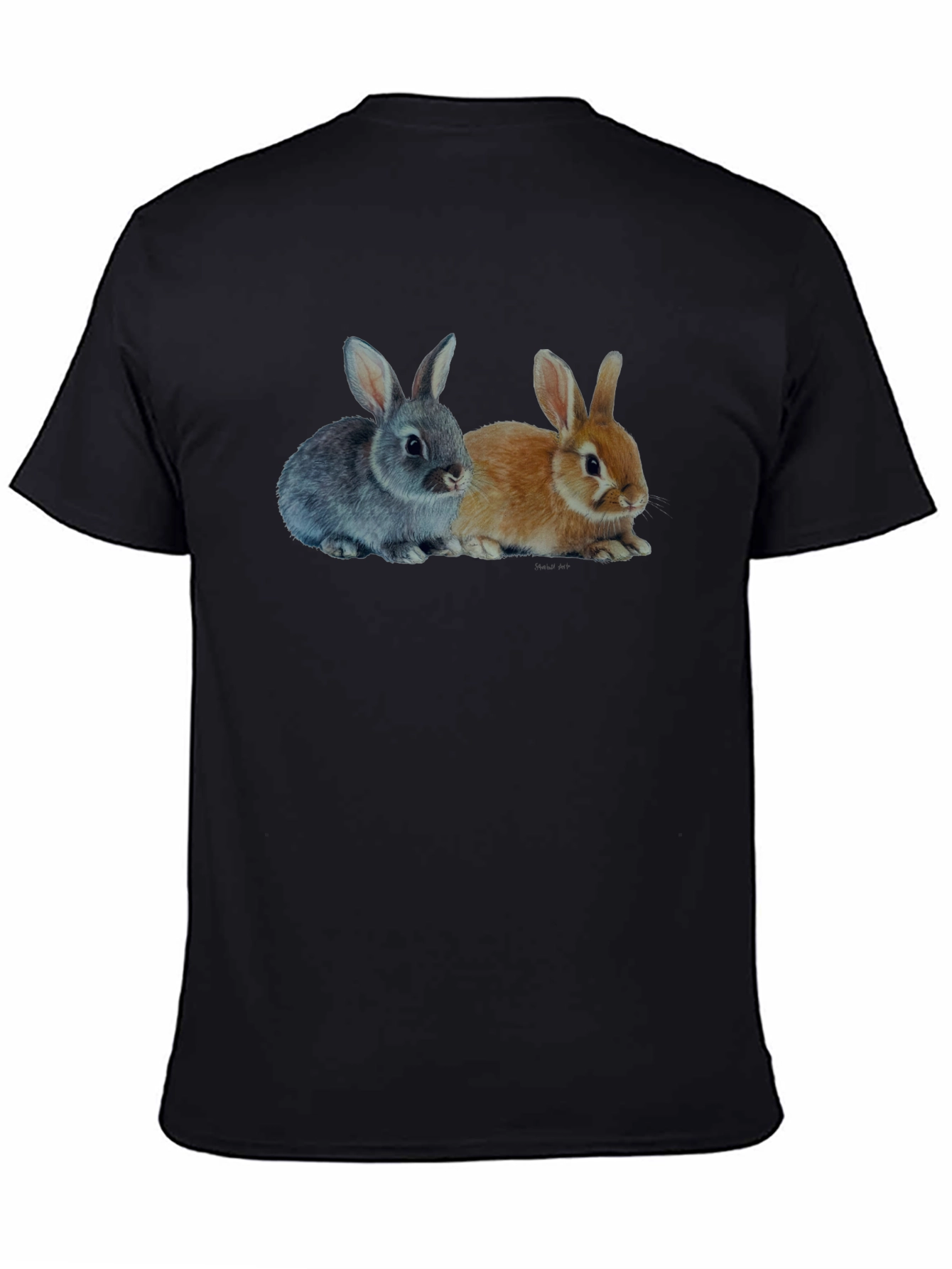 Black Cute Bunny Rabbits Graphic Print Black T-Shirt view 4