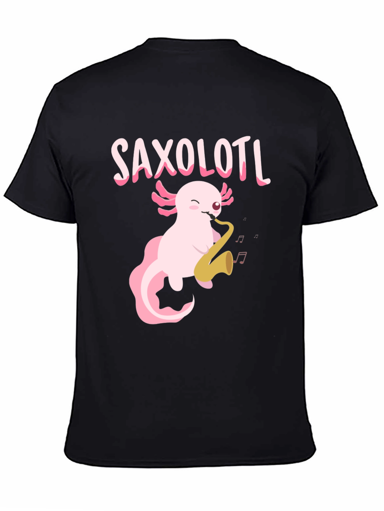 Black Saxolotl T-Shirt - Axolotl Playing Saxophone Tee view 4