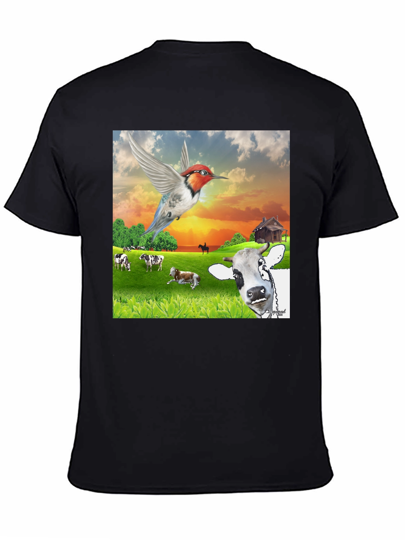 Black Hummingbird & Cow Farm T-Shirt - Unique Animal Design view 4