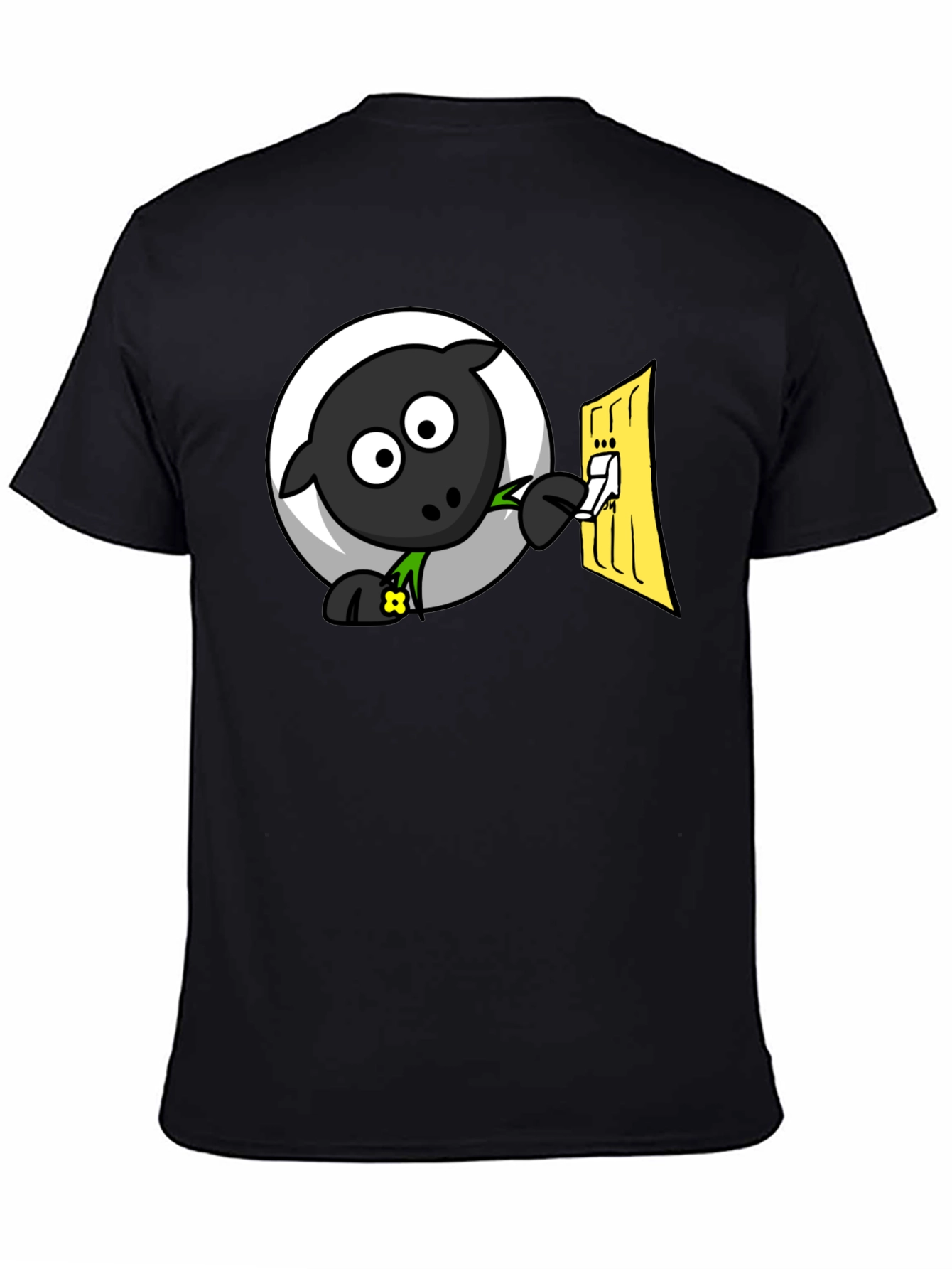 Black Funny Cartoon Sheep Turning on Light T-Shirt view 4