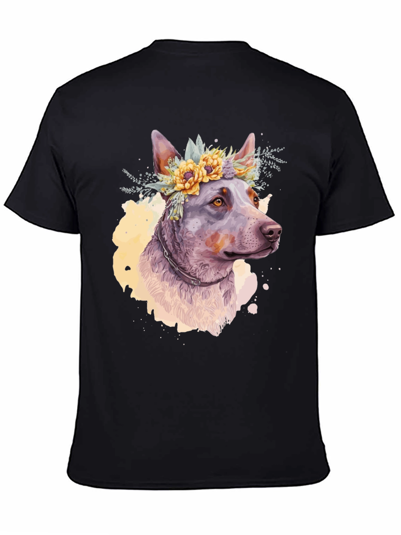 Black Dog with Flower Crown Graphic Tee - Artistic Pet Lover Shirt view 4
