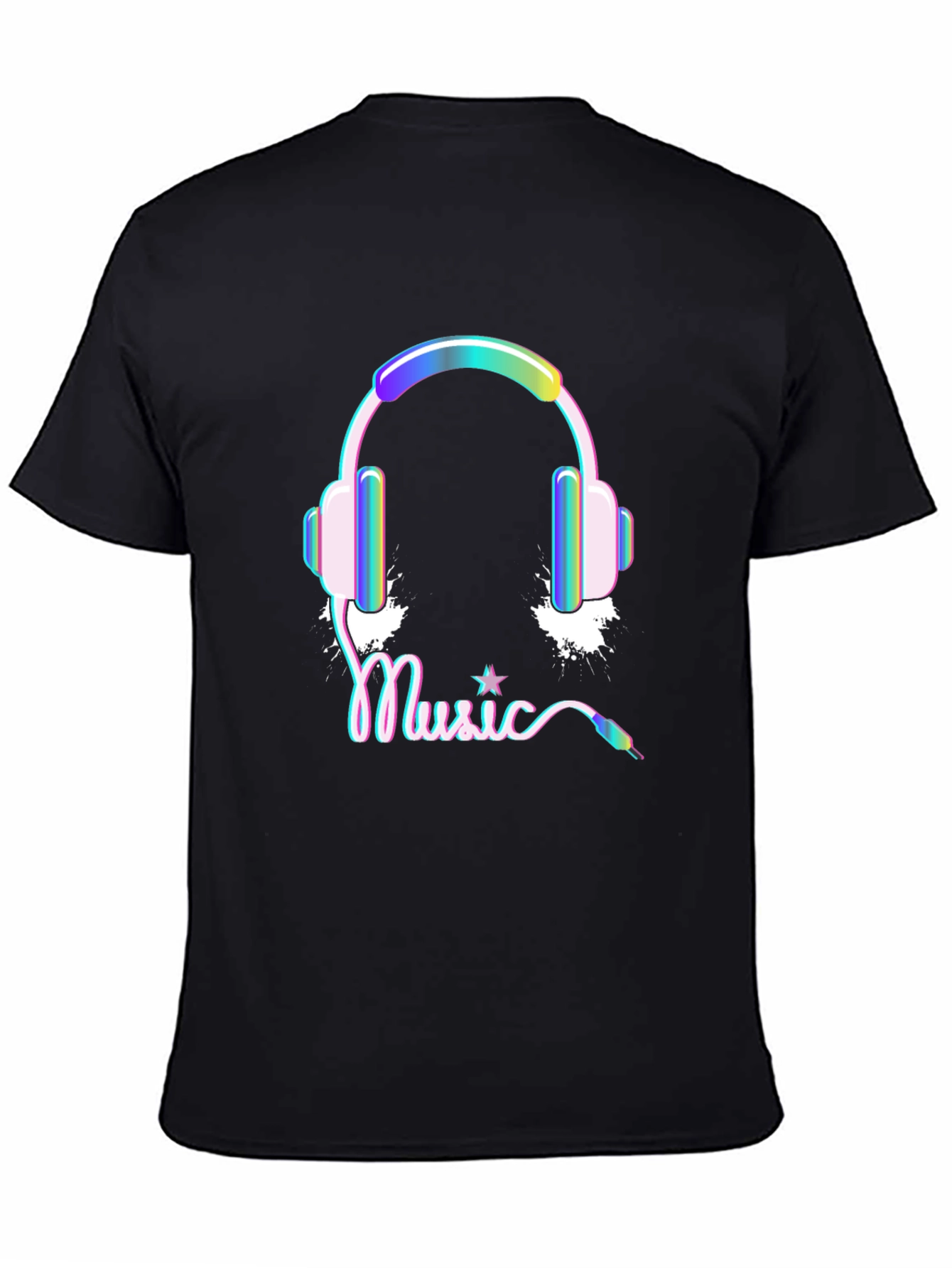 Black Music Headphones Graphic Print Black Tee Shirt view 4