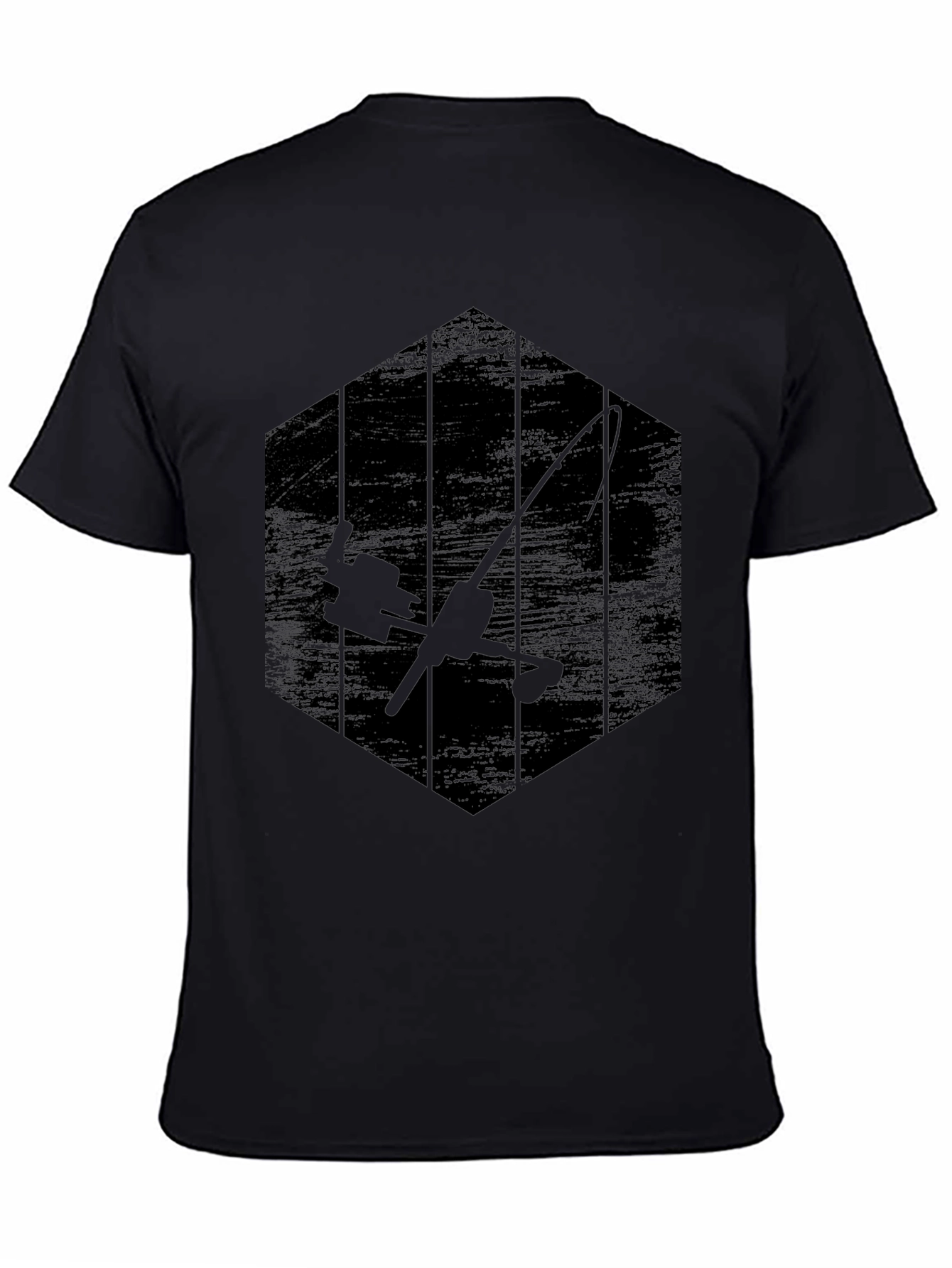 Black Fishing Rod Graphic Tee - Angler's Hexagon T-Shirt view 4