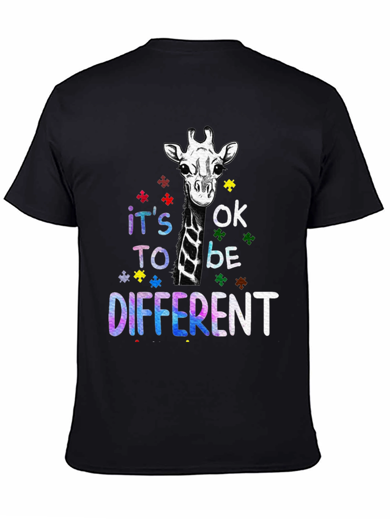 Black Autism Awareness Giraffe T-Shirt - It's OK to be Different view 4