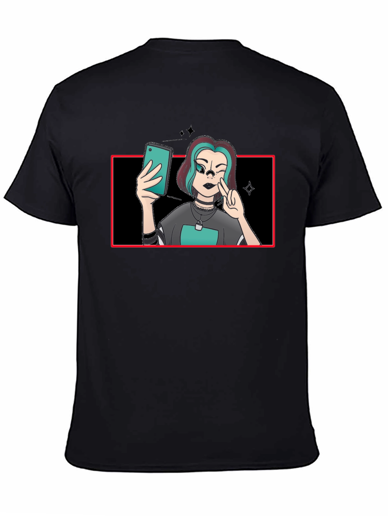 Black Cartoon Selfie Graphic Tee - Black Cotton Blend view 4