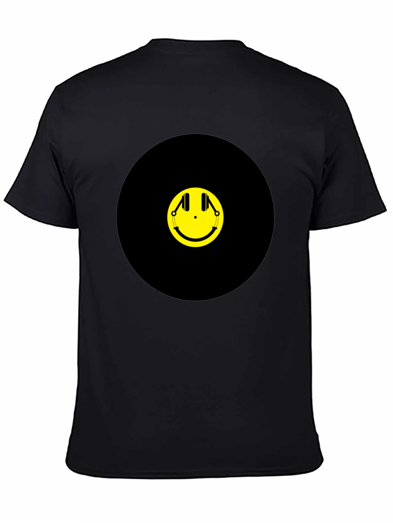 Black Smiley Face Headphones Graphic Tee - Black Cotton T-Shirt view 4