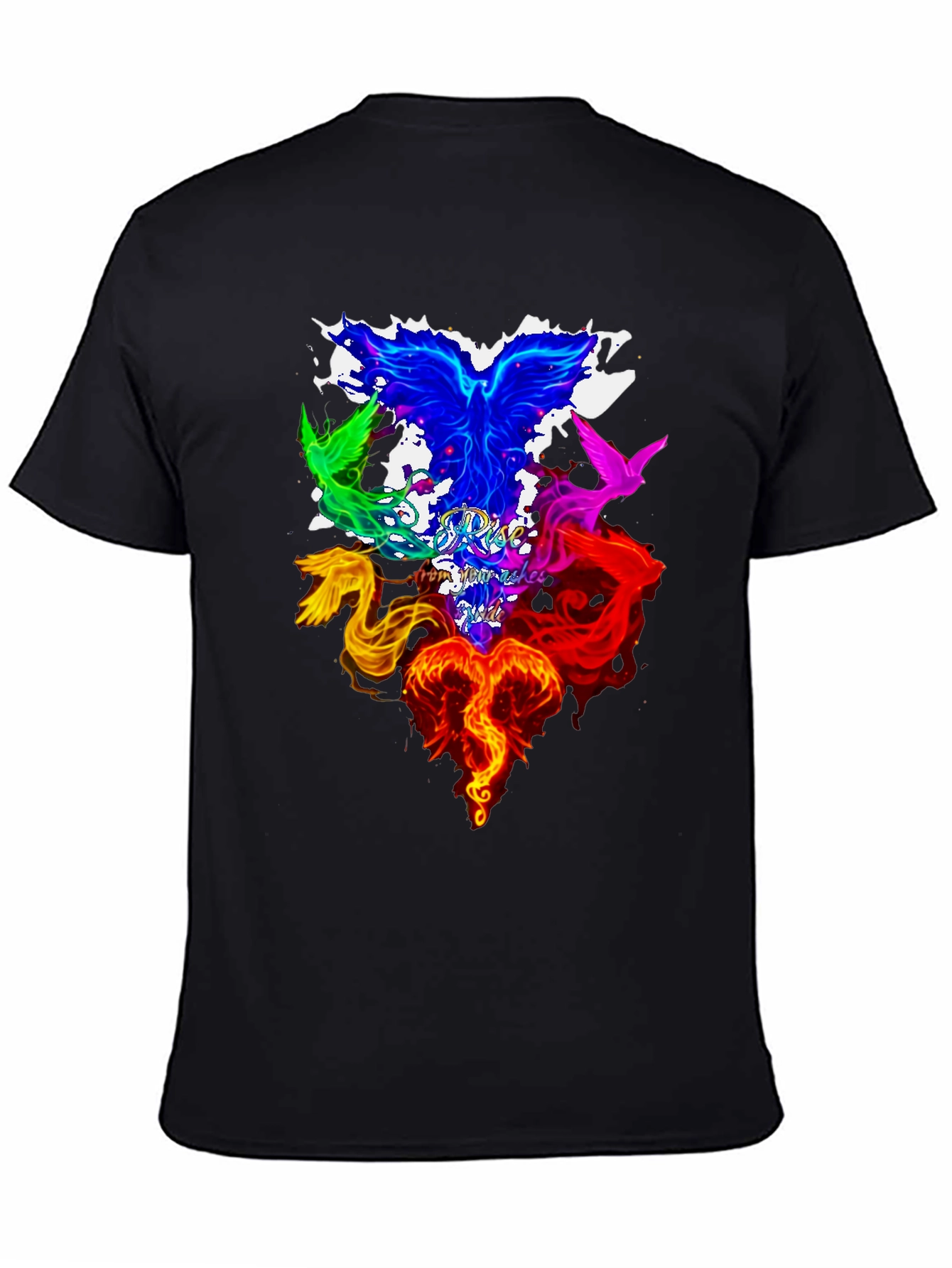 Black Rise from Ashes Phoenix Graphic Tee - Colorful Bird Design view 4