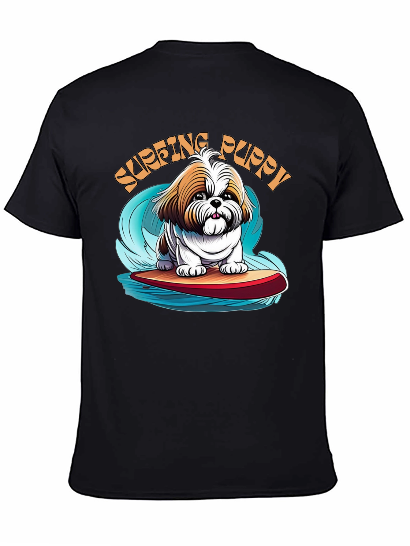 Black Surfing Puppy T-Shirt - Cute Dog Design view 4