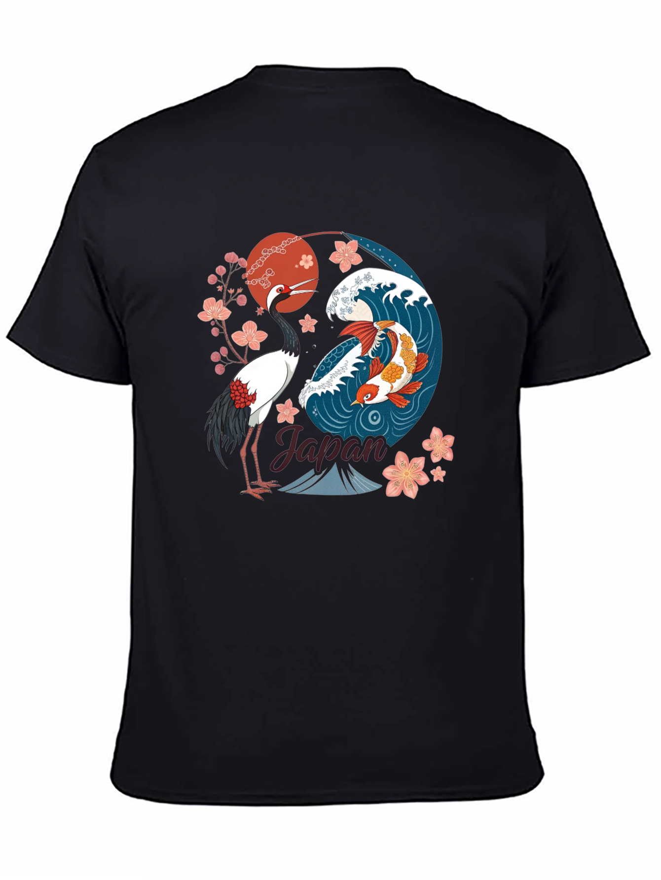 Black Japanese Koi and Crane Graphic T-Shirt view 4