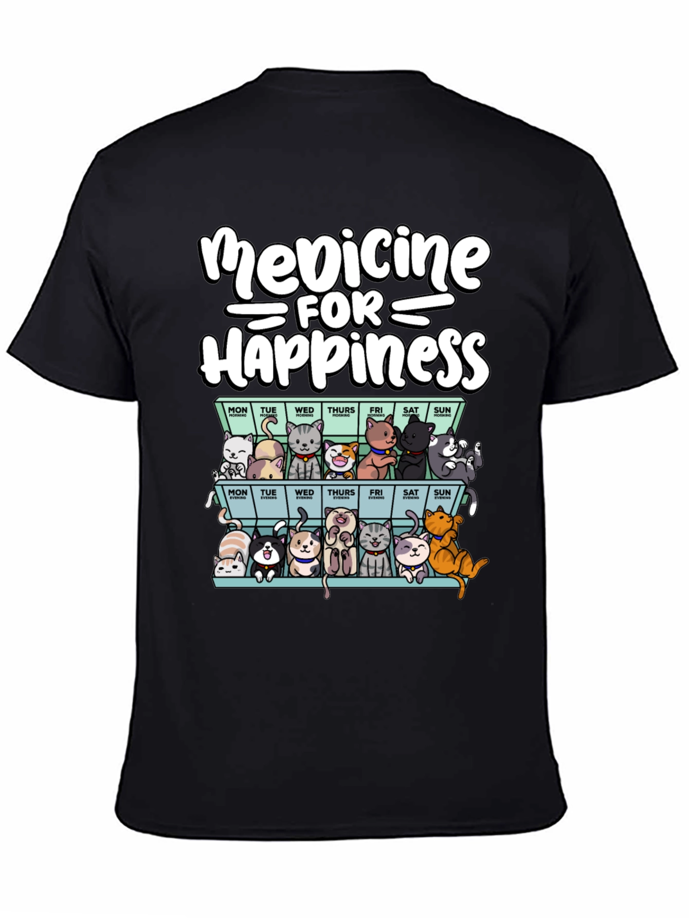 Black Medicine for Happiness Cat T-Shirt view 4