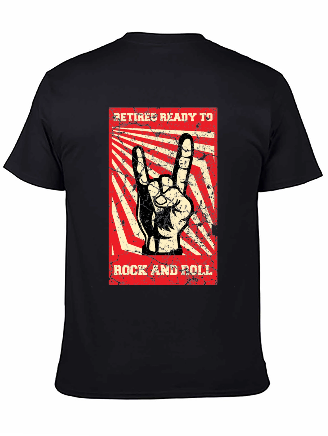 Black Retiree Ready to Rock T-Shirt - Rock and Roll Hand Sign view 4