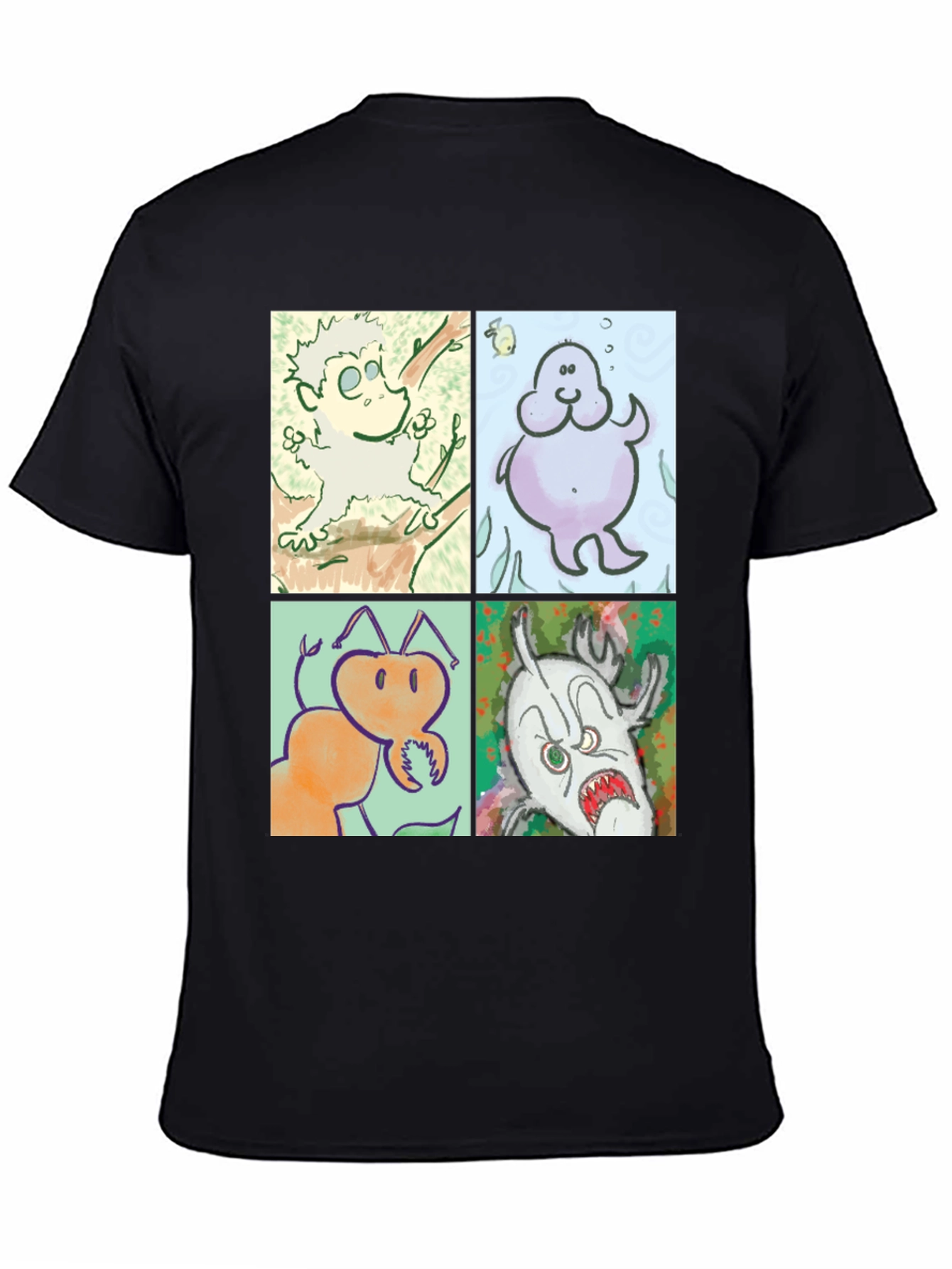 Black Cartoon Character Print Black Cotton T-Shirt view 4