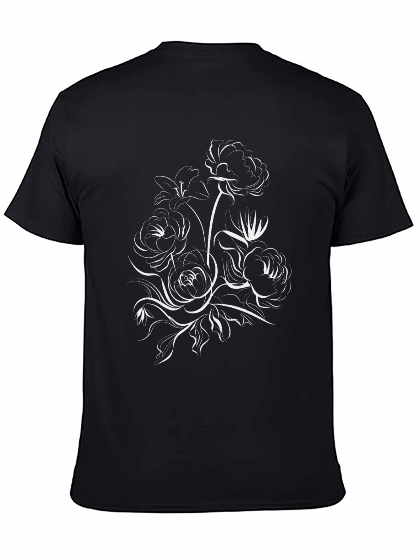 Black Floral Line Art Black T-Shirt - Elegant and Stylish view 4