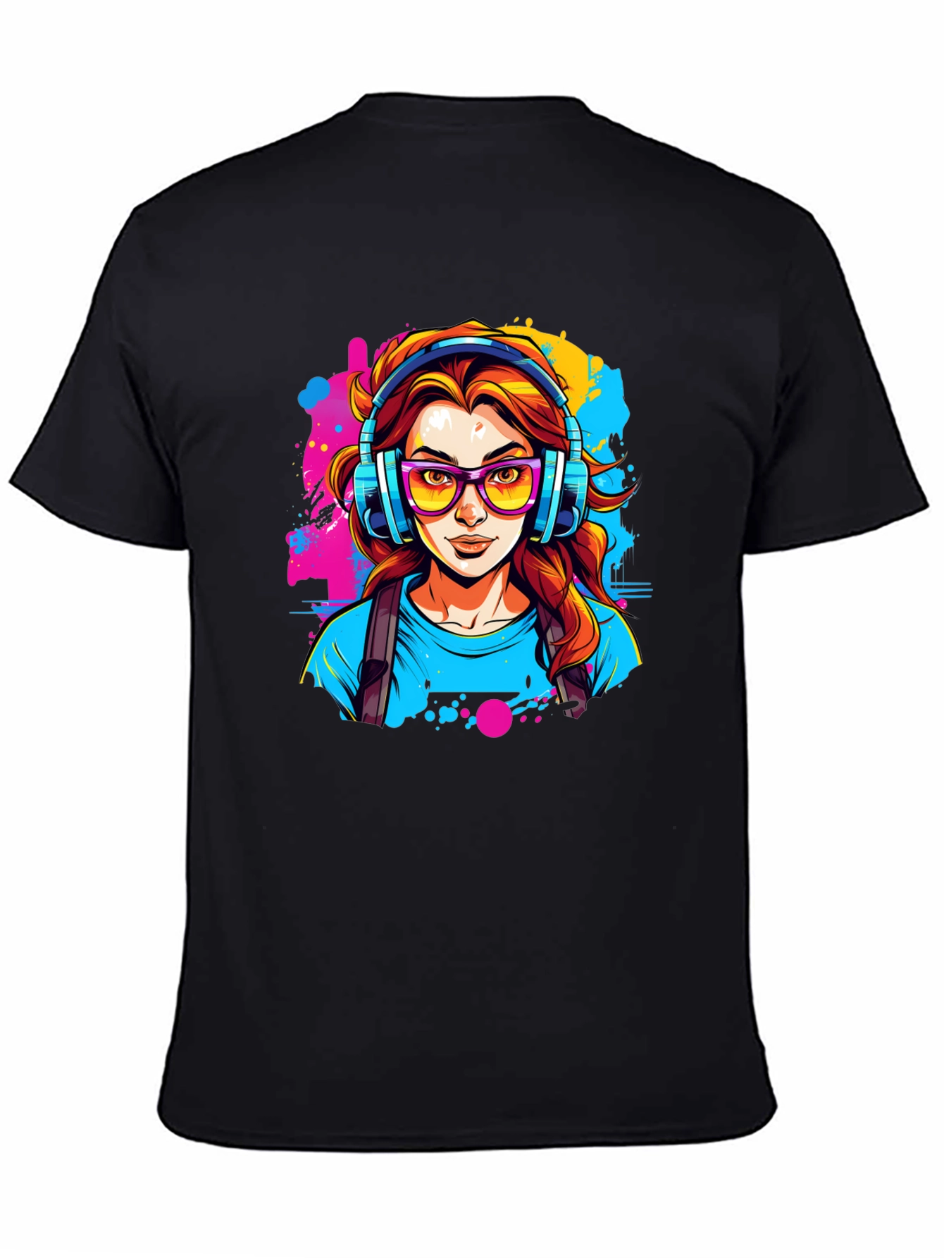 Black Graphic Print T-Shirt - Woman with Headphones view 4