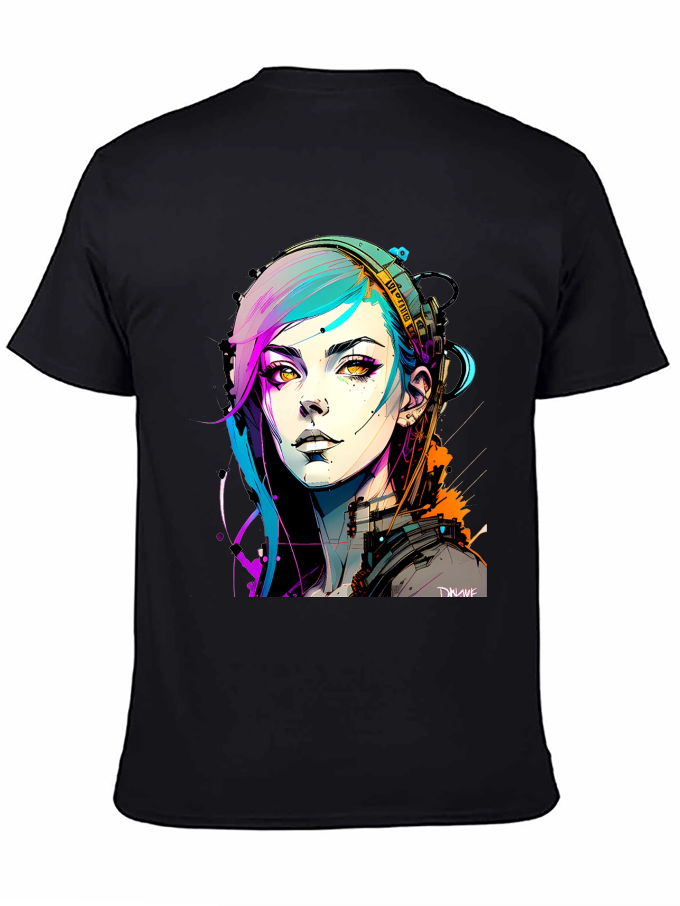 Black Cyberpunk Girl Graphic Tee - Black Cotton T-Shirt view 4
