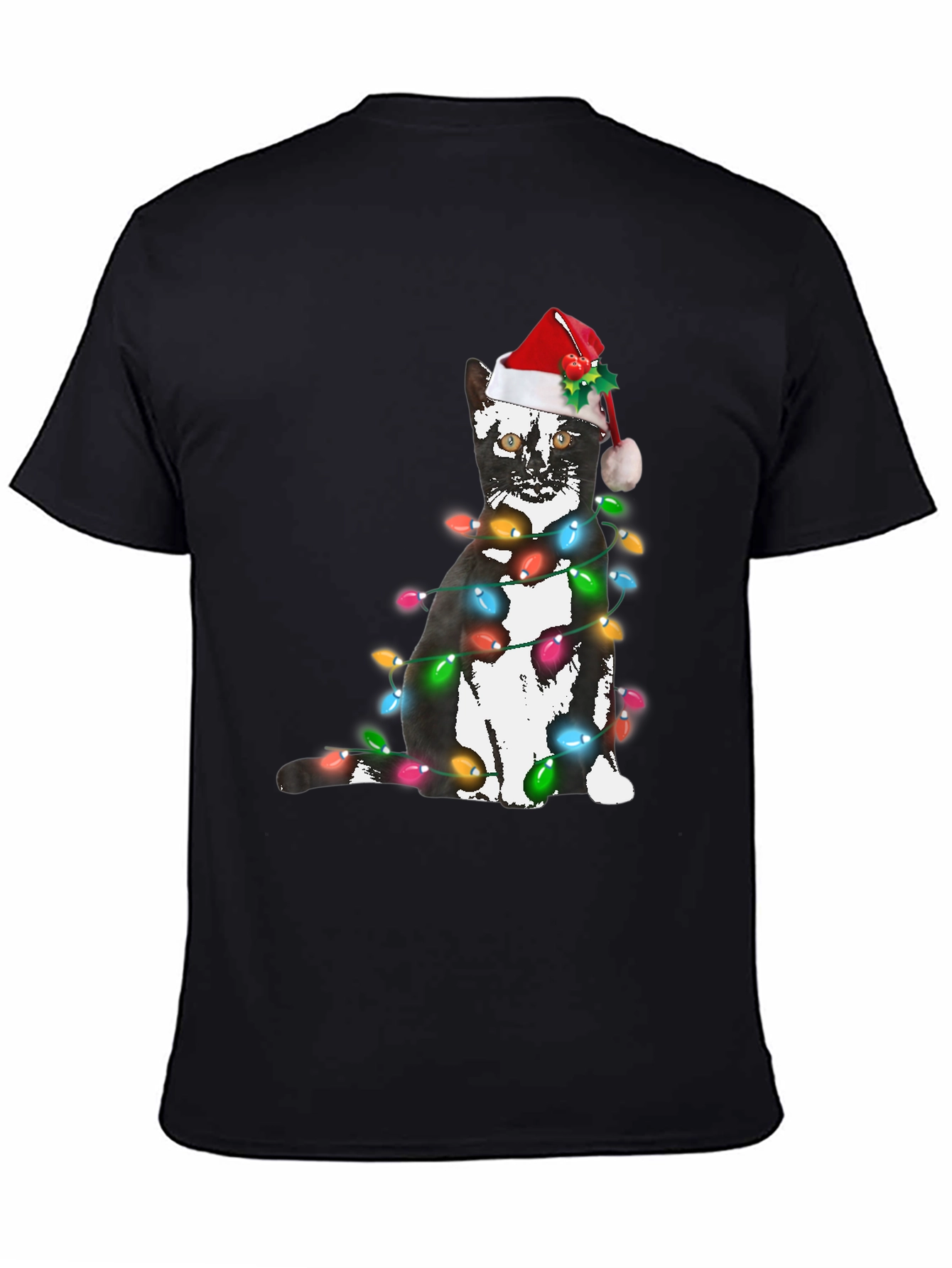 Black Festive Cat Christmas Lights T-Shirt view 4