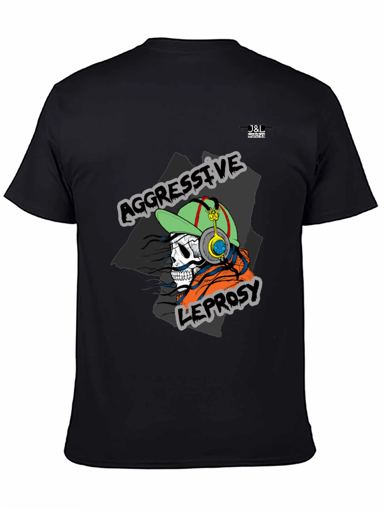 Black Aggressive Leprosy Graphic Tee - Skull with Headphones view 4
