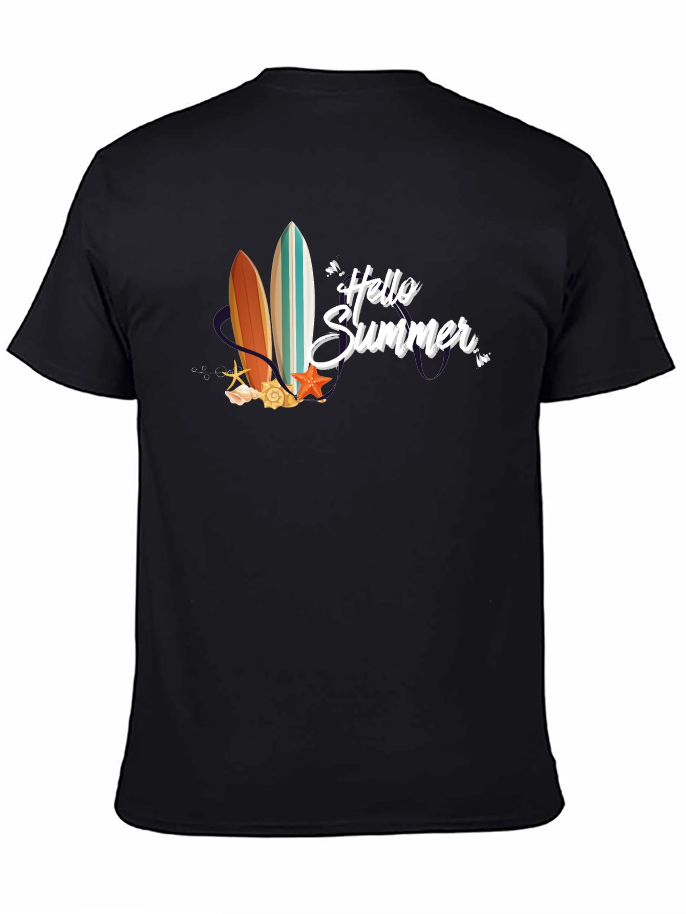 Black Hello Summer Surfboard Graphic T-Shirt view 4