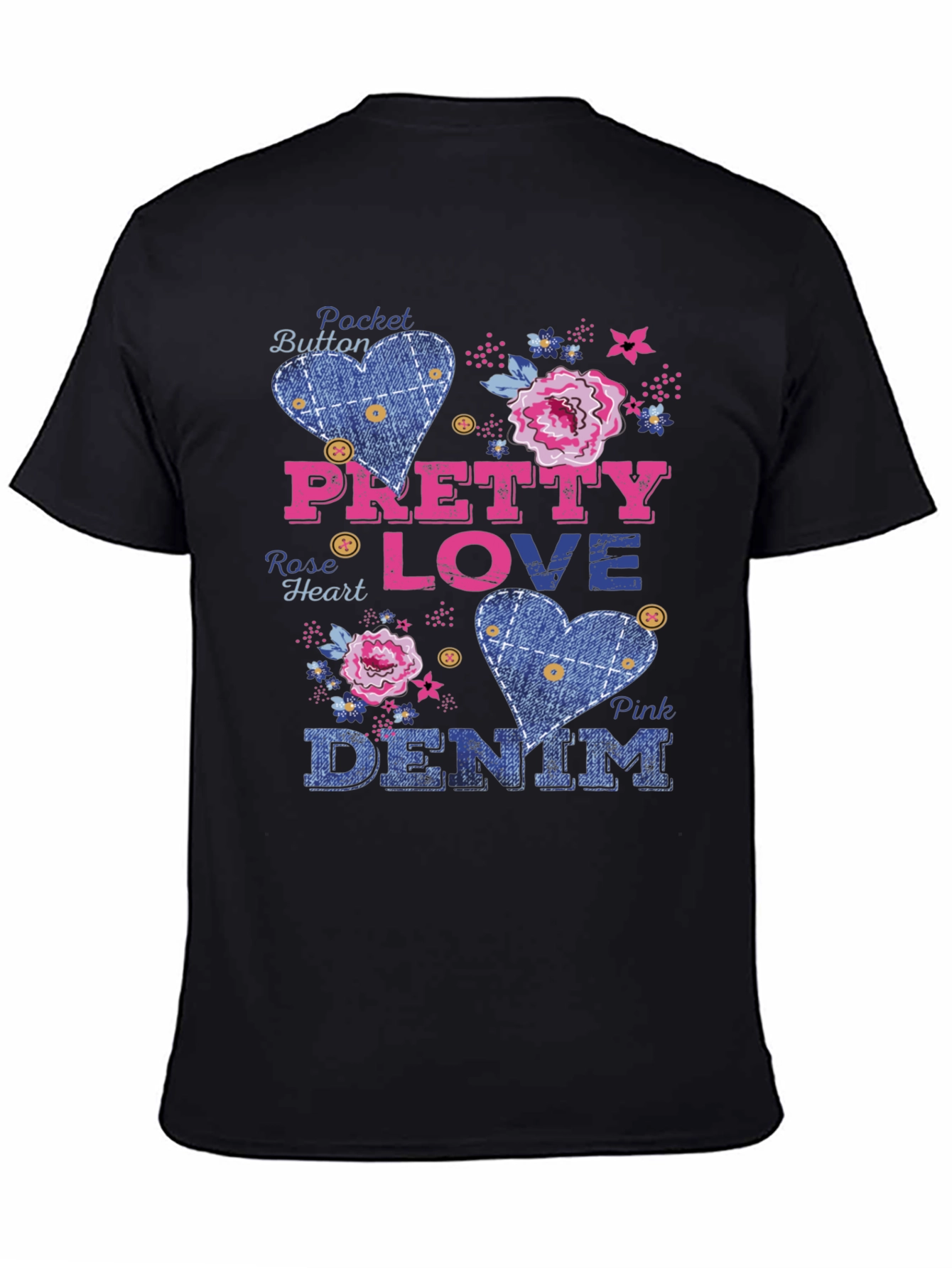 Black Pretty Love Denim Graphic Tee - Pocket Button Design view 4