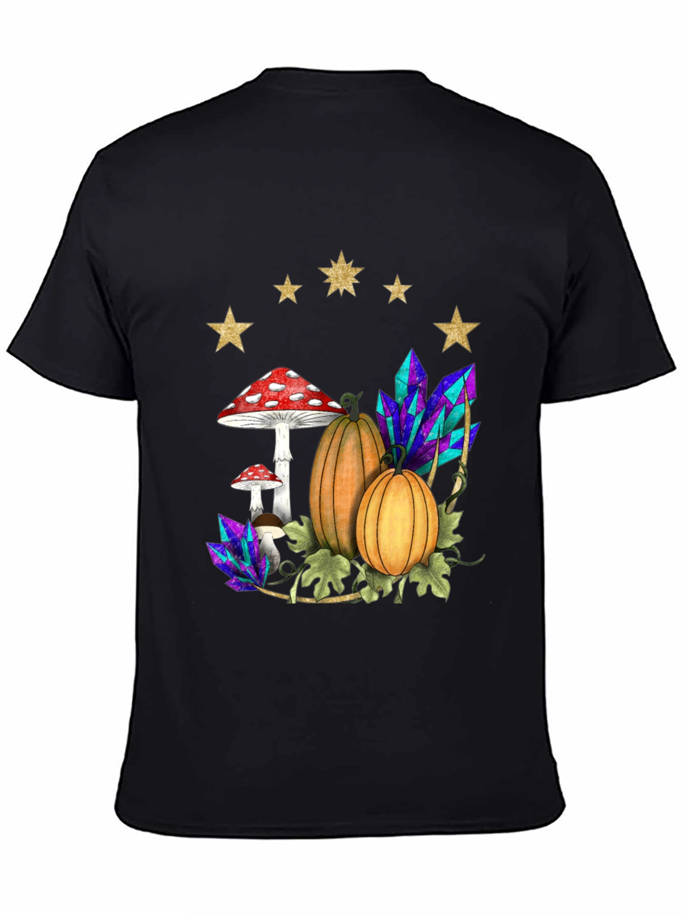 Black Whimsical Harvest T-Shirt: Pumpkins, Mushrooms & Crystals view 4