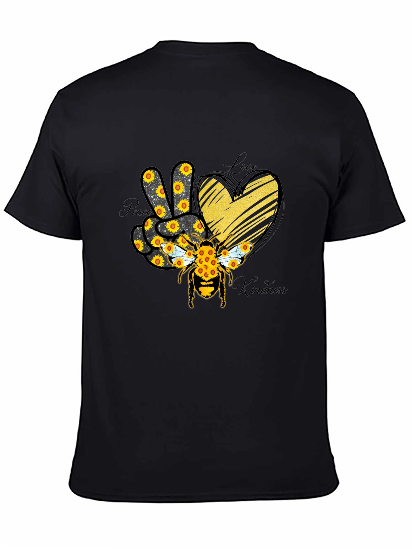 Black Peace Love Kindness Sunflower Bee T-Shirt view 4