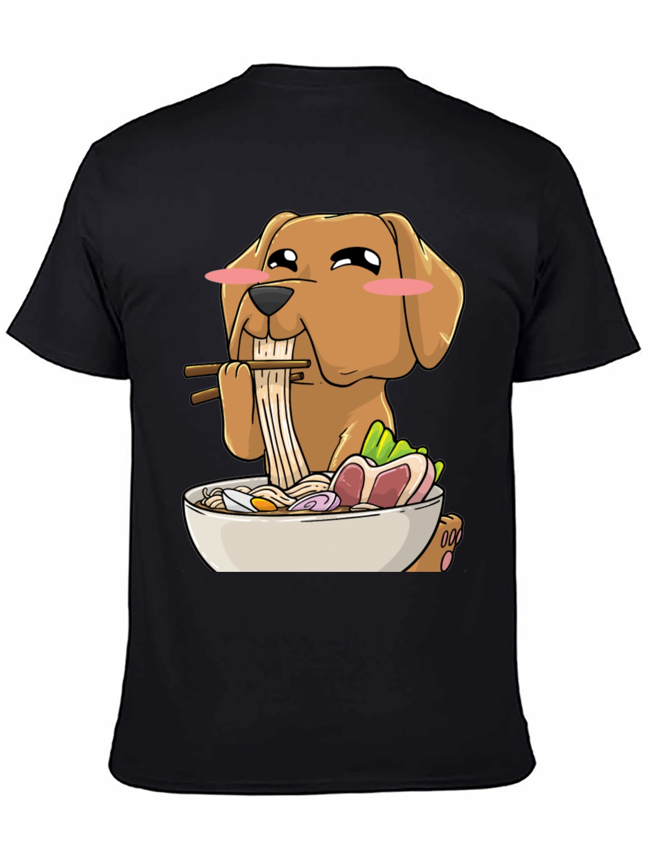 Black Dog Eating Ramen Funny T-Shirt view 4
