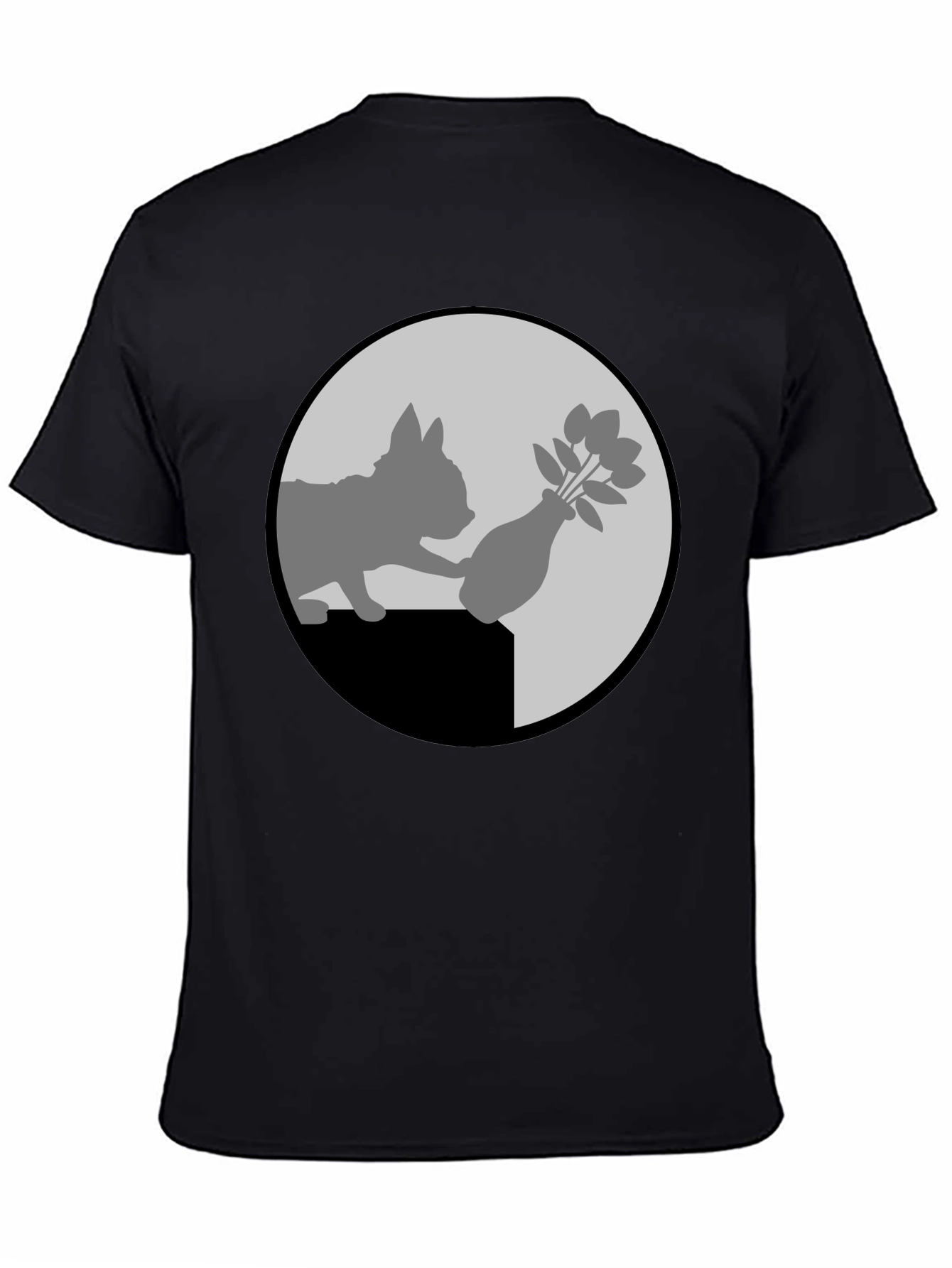 Black Cat & Vase Graphic Tee - Quirky Black T-Shirt view 4
