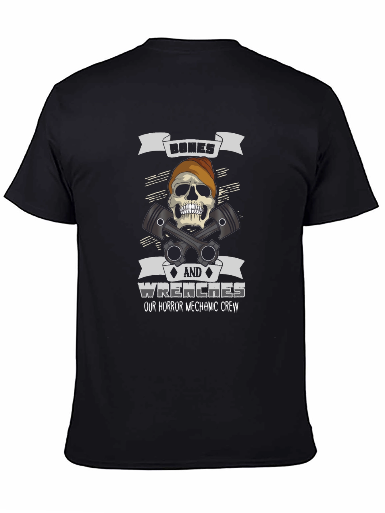 Black Bones & Wrenches Horror Mechanic Crew Black T-Shirt view 4