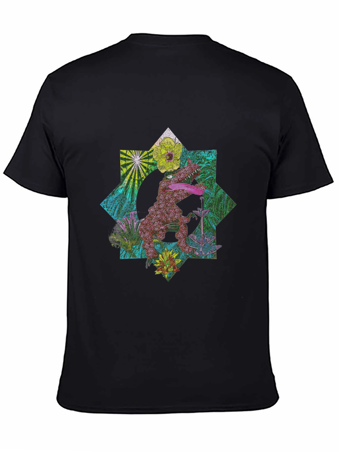 Black Floral Dinosaur Graphic Tee - Black Cotton T-Shirt view 4