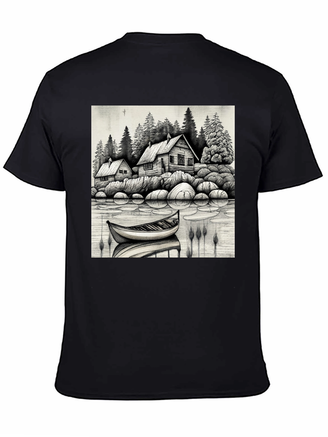 Black Cabin Lake Scene T-Shirt view 4