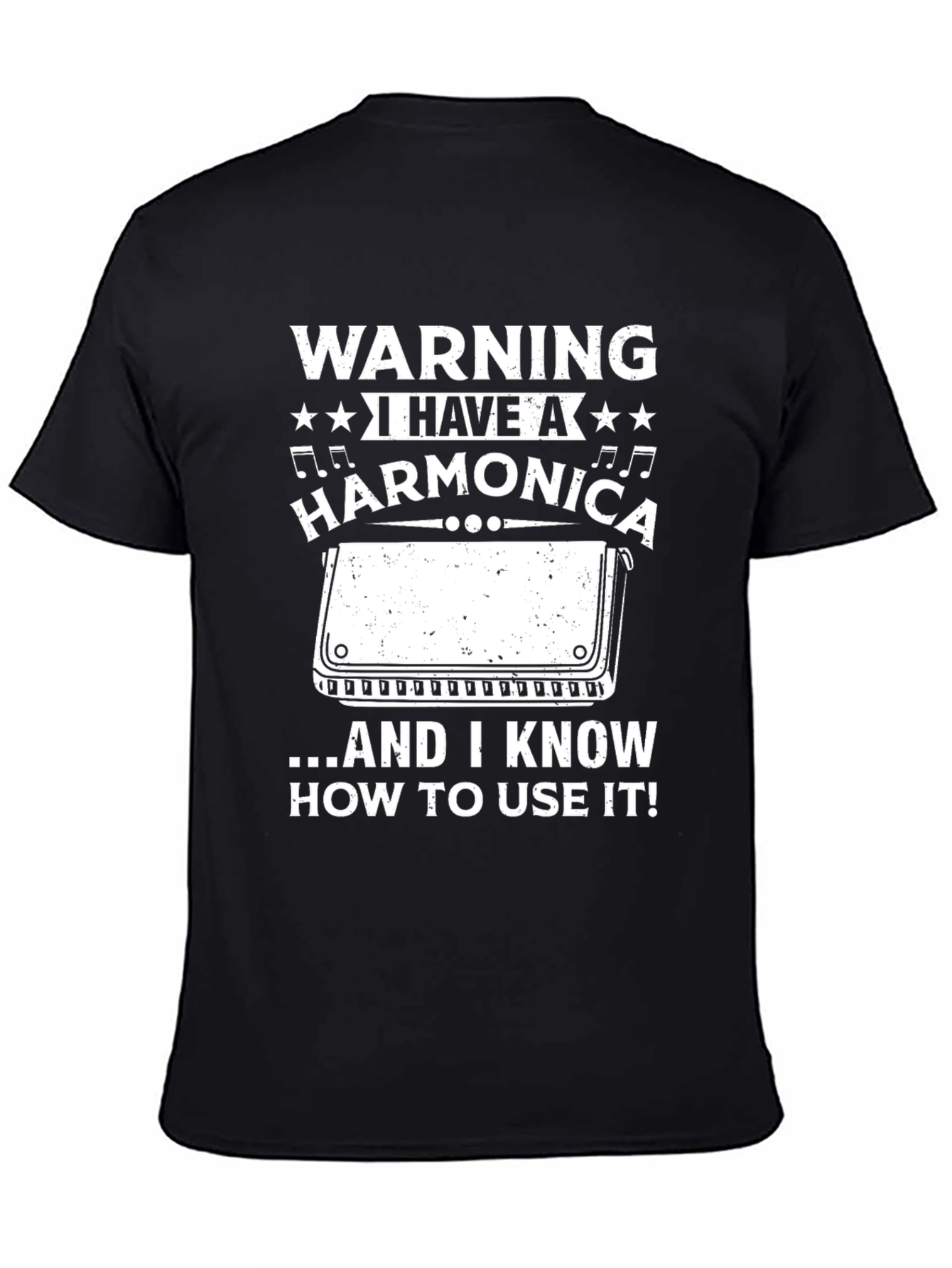 Black Warning Harmonica Player T-Shirt view 4