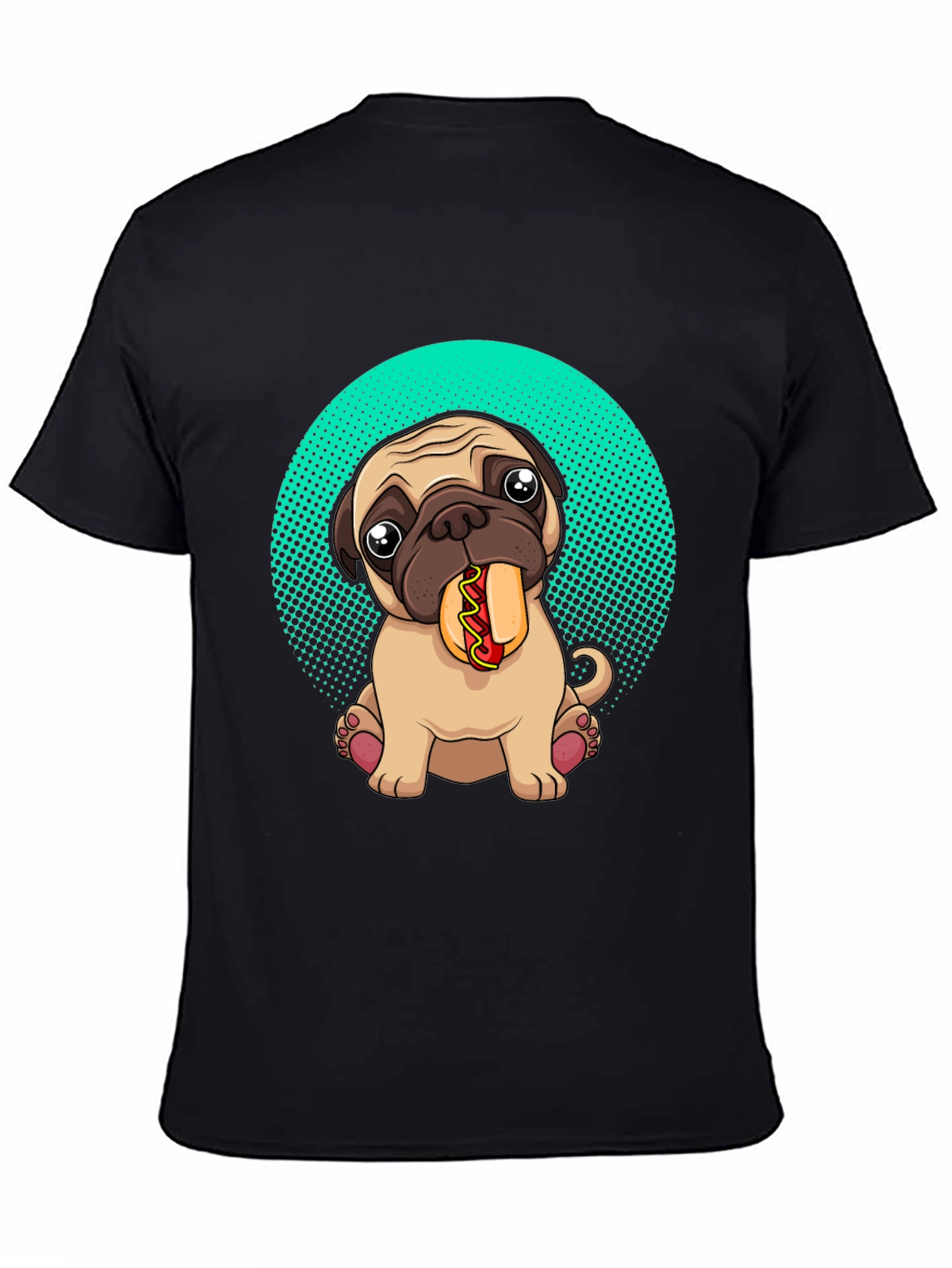 Black Pug Eating Hotdog Graphic T-Shirt - Cute Dog Tee view 4