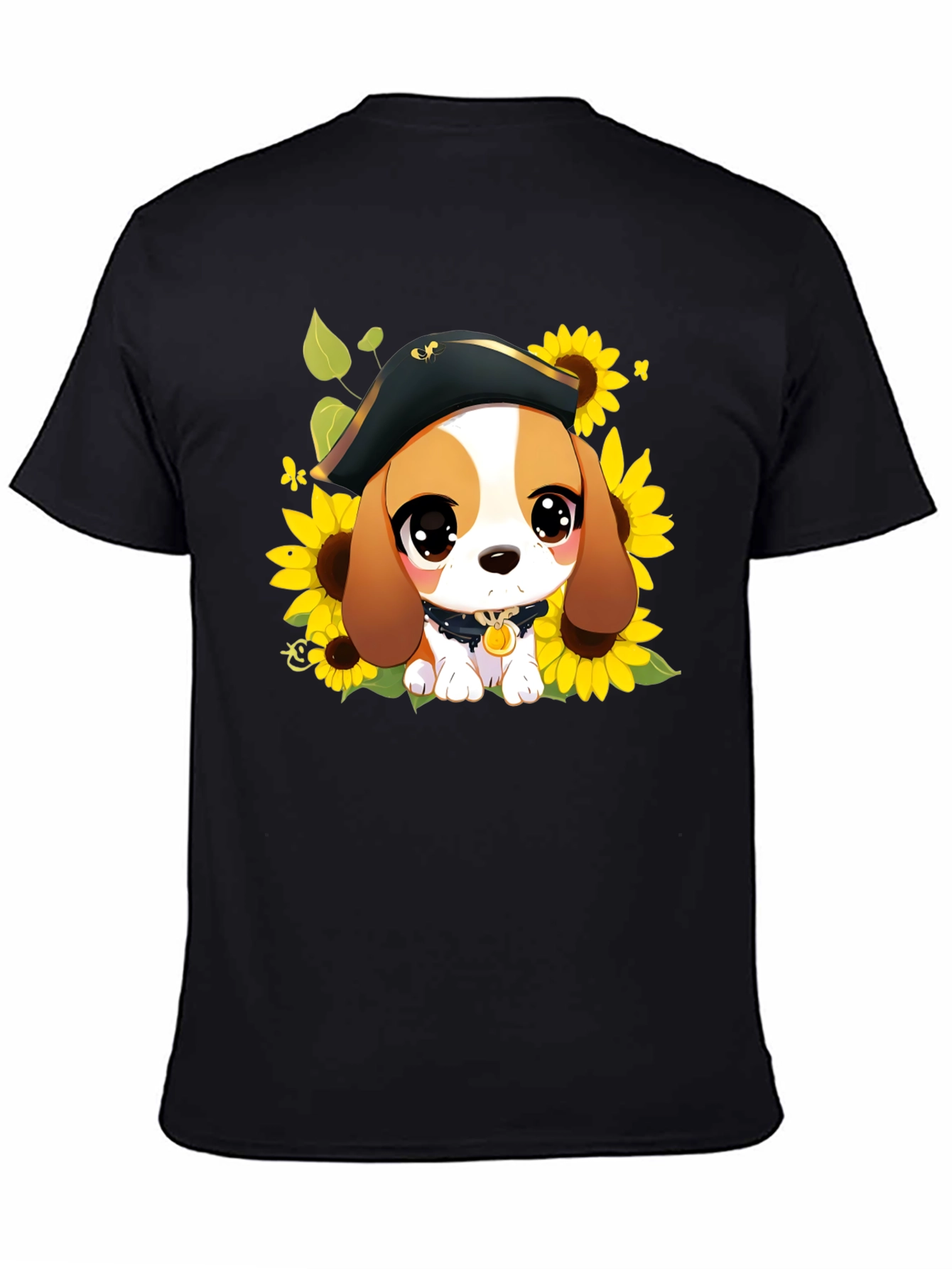 Black Cute Cartoon Beagle in Pirate Hat T-Shirt view 4