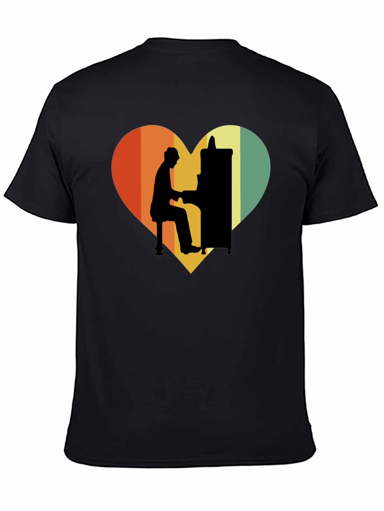 Black Retro Heart Piano Player Graphic T-Shirt view 4