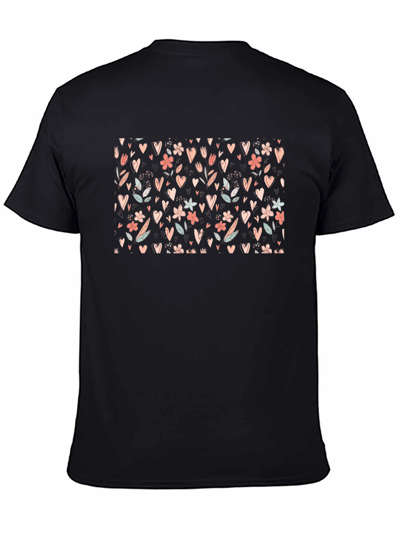 Black Floral Heart Pattern Black T-Shirt view 4