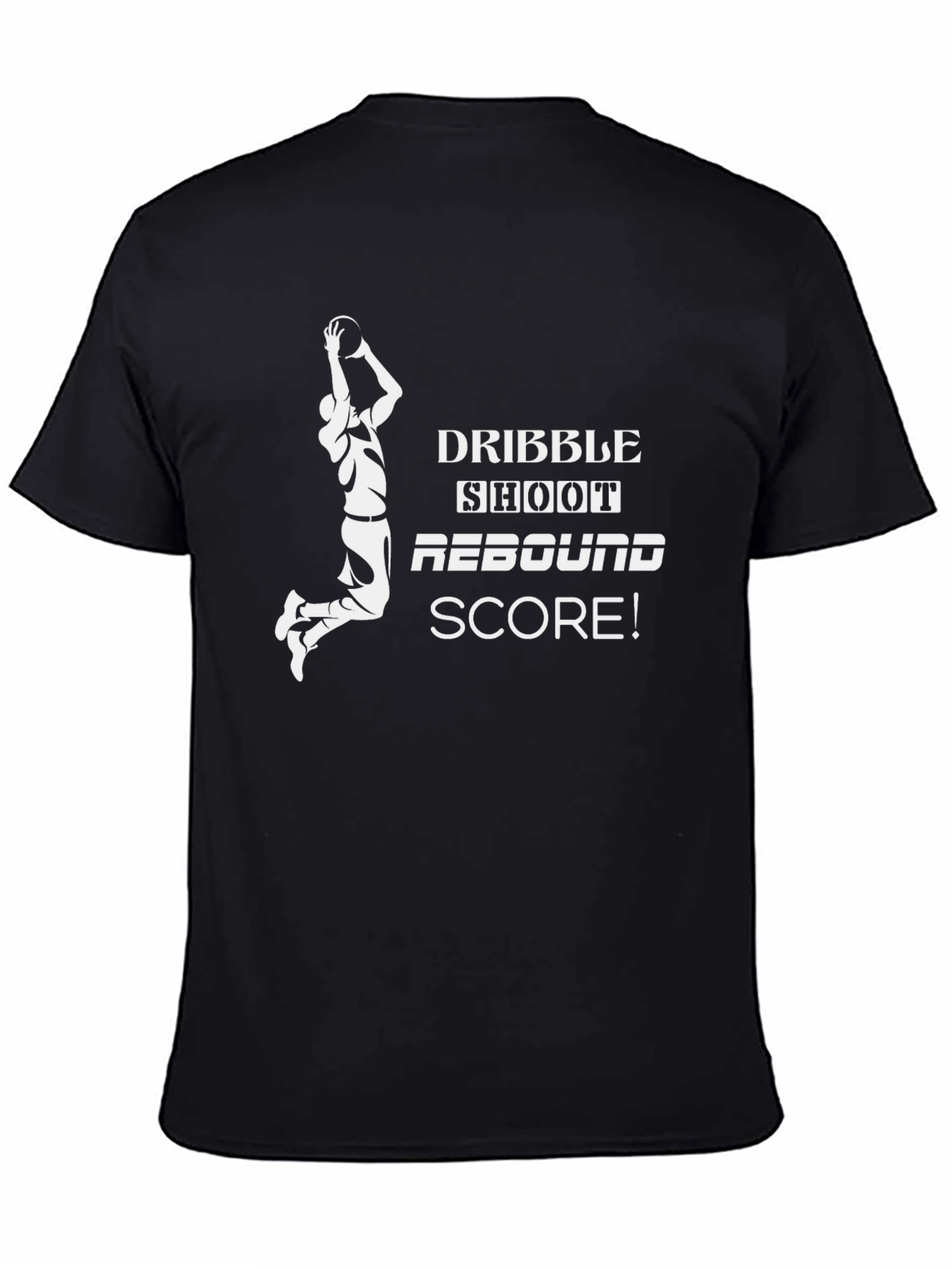 Black Basketball Graphic Tee: Dribble, Shoot, Rebound, Score! Black Cotton Shirt view 4