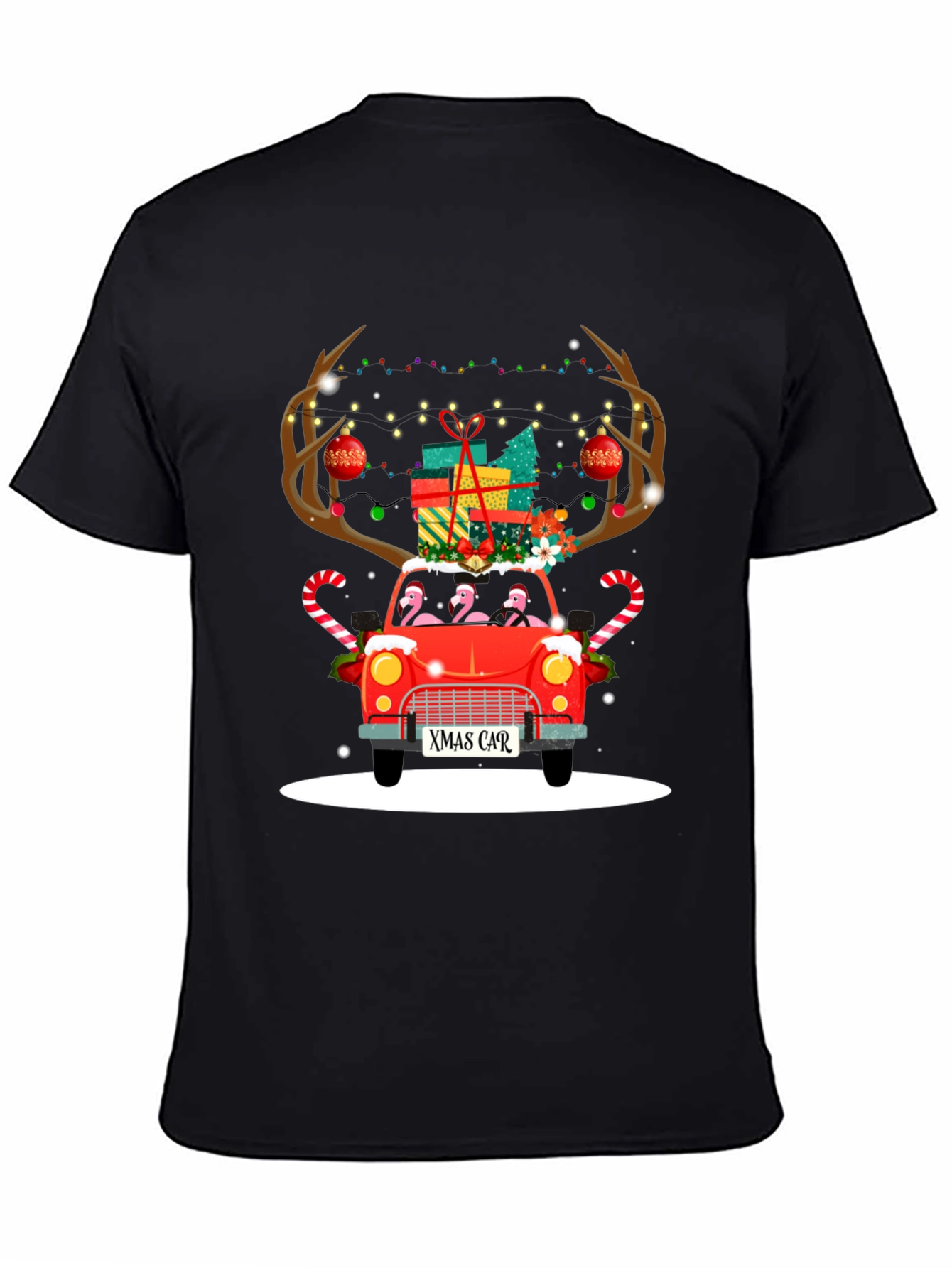Black Festive Flamingo Xmas Car T-Shirt view 4