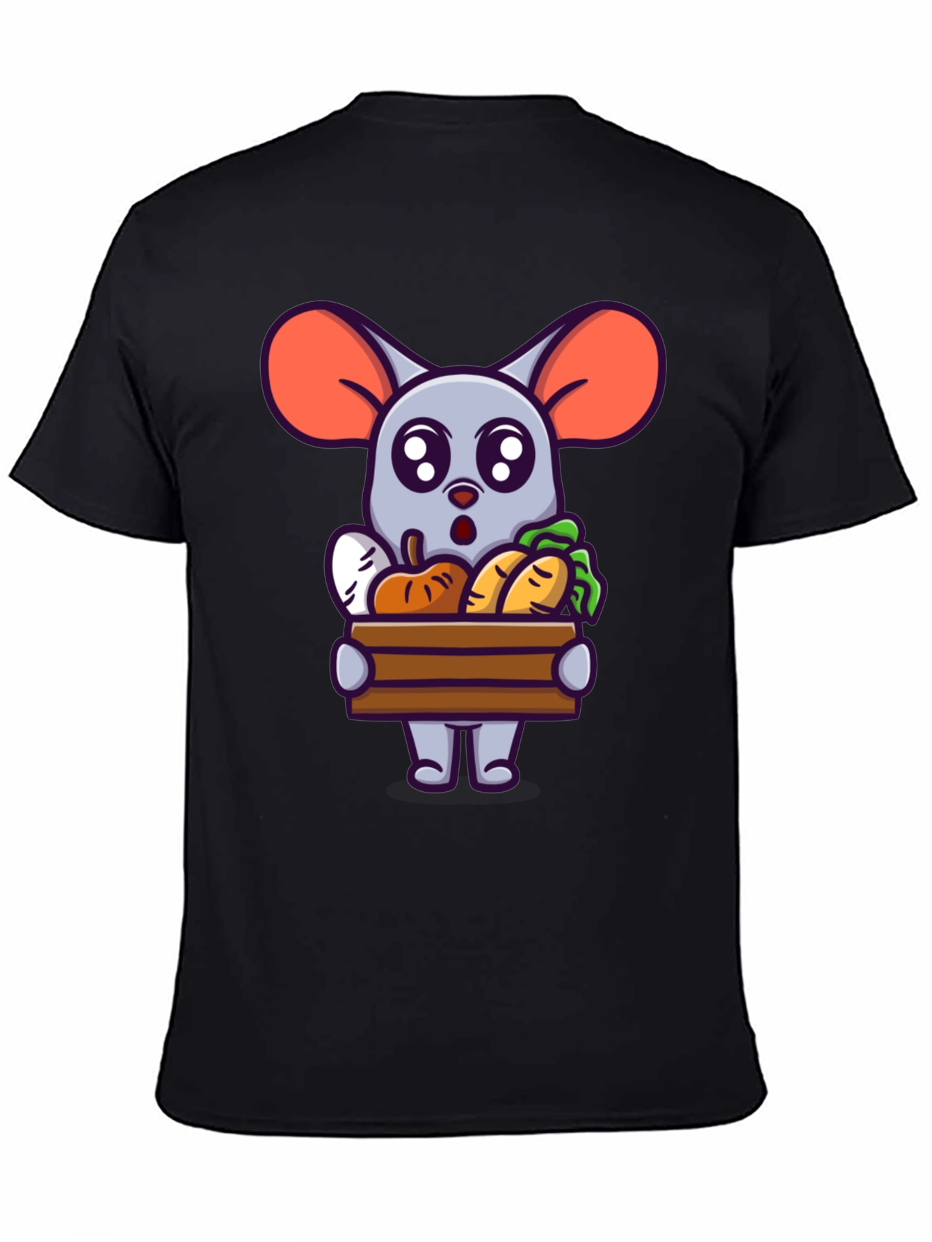 Black Cute Cartoon Mouse with Veggies T-Shirt view 4