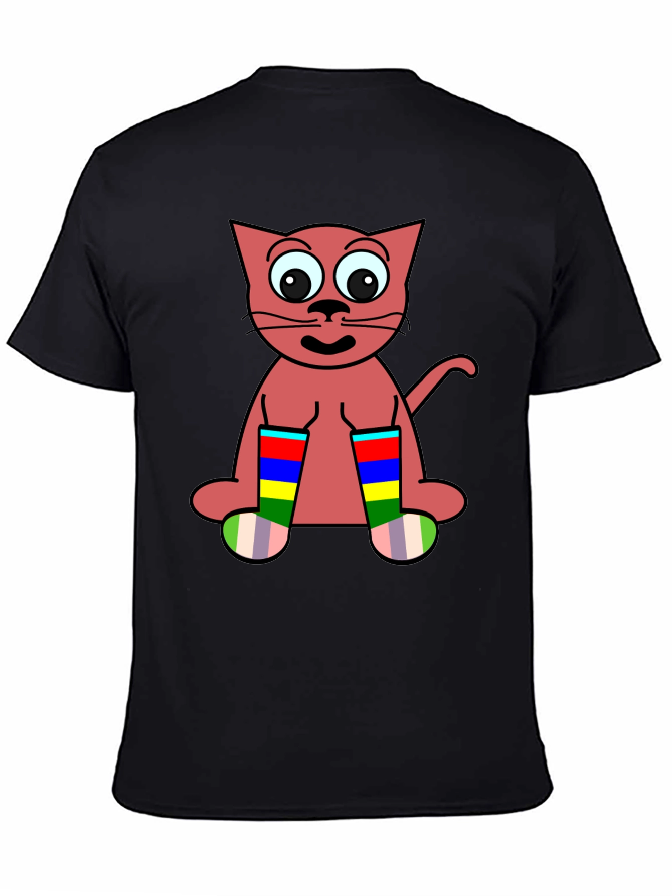 Black Cartoon Cat Rainbow Socks Black T-Shirt view 4