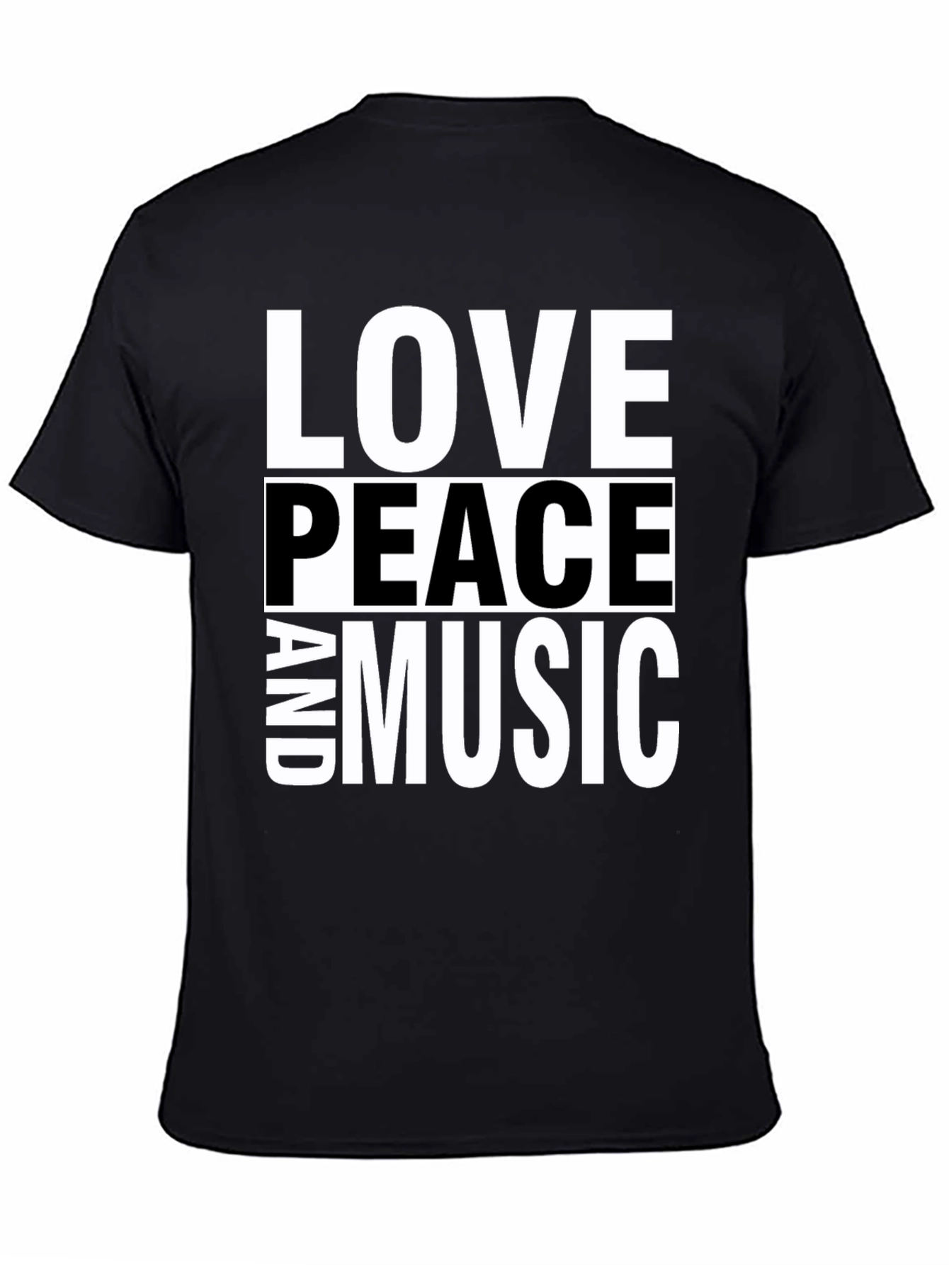Black Love Peace and Music Black Graphic T-Shirt view 4