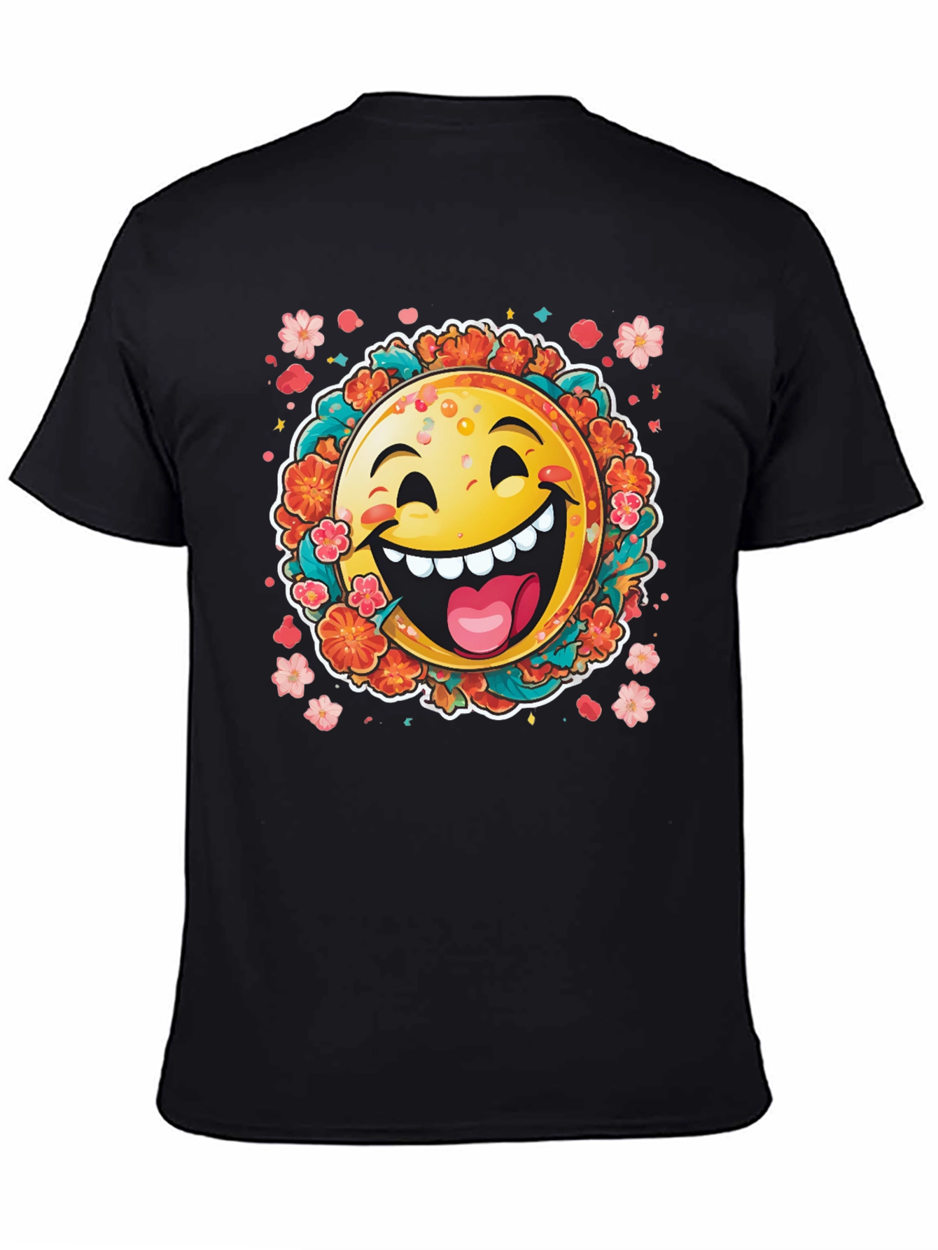 Black Happy Emoji Graphic T-Shirt - Fun Floral Design view 4