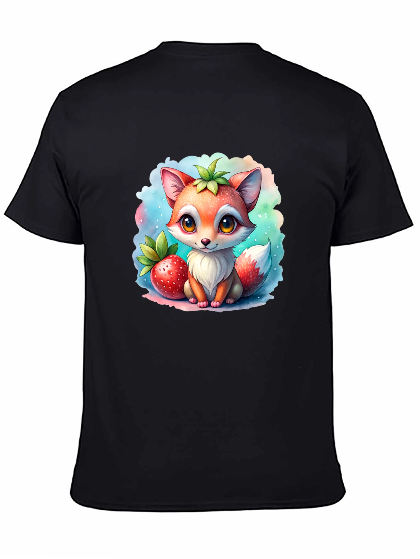 Black Cute Cartoon Fox Strawberry T-Shirt view 4