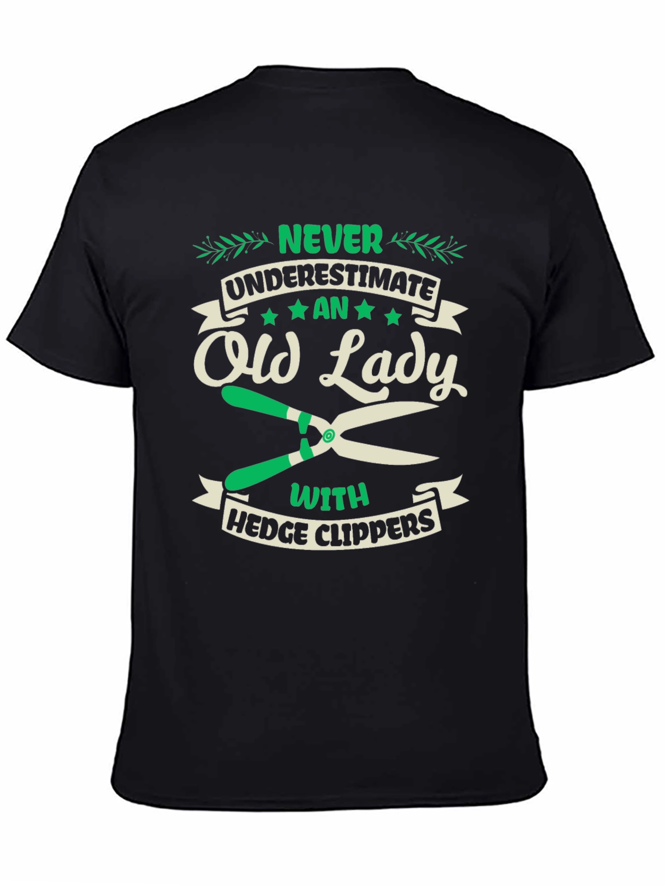 Black Funny Old Lady Hedge Clippers T-Shirt view 4