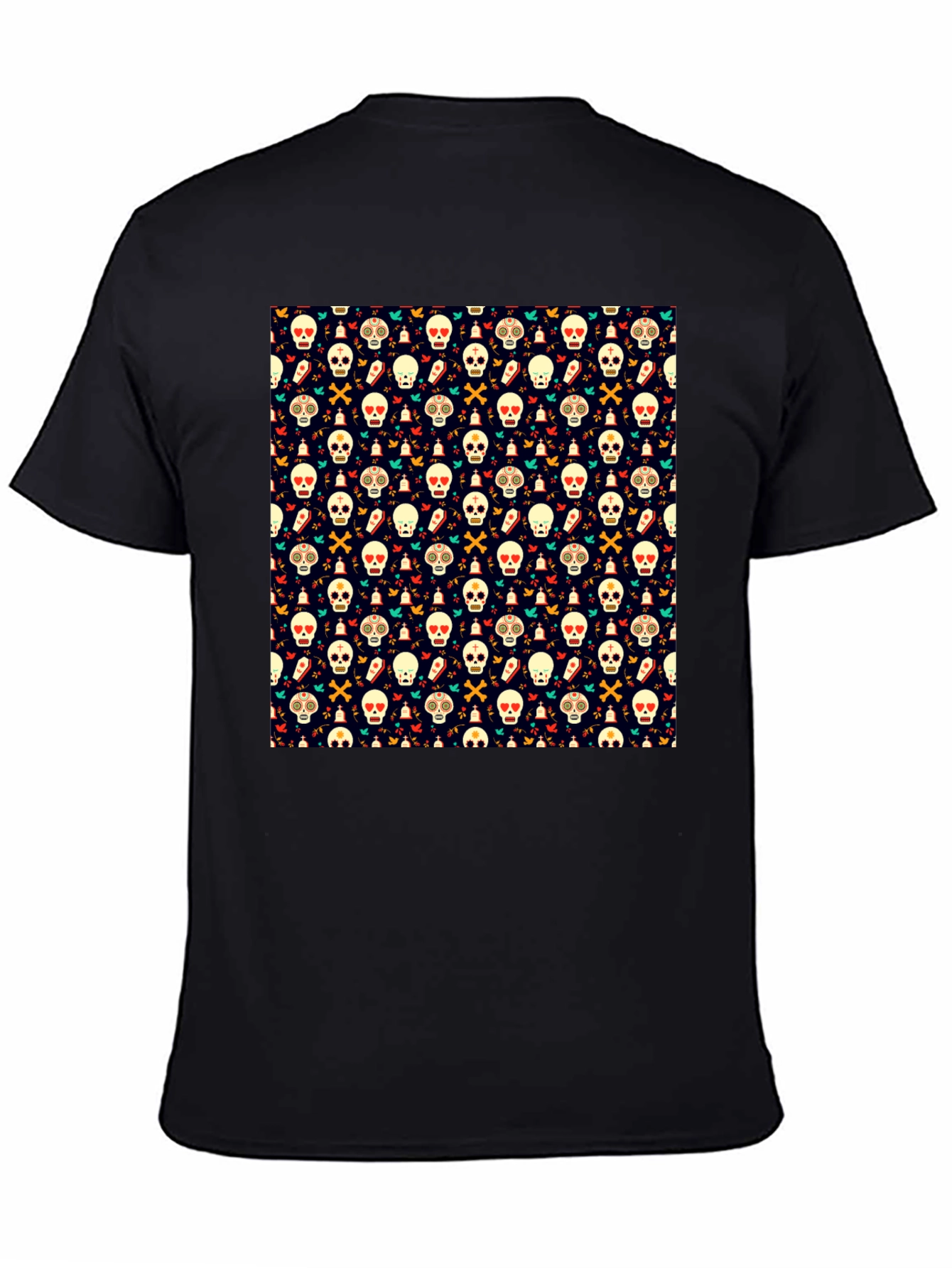 Black Day of the Dead Skull Pattern Black T-Shirt view 4