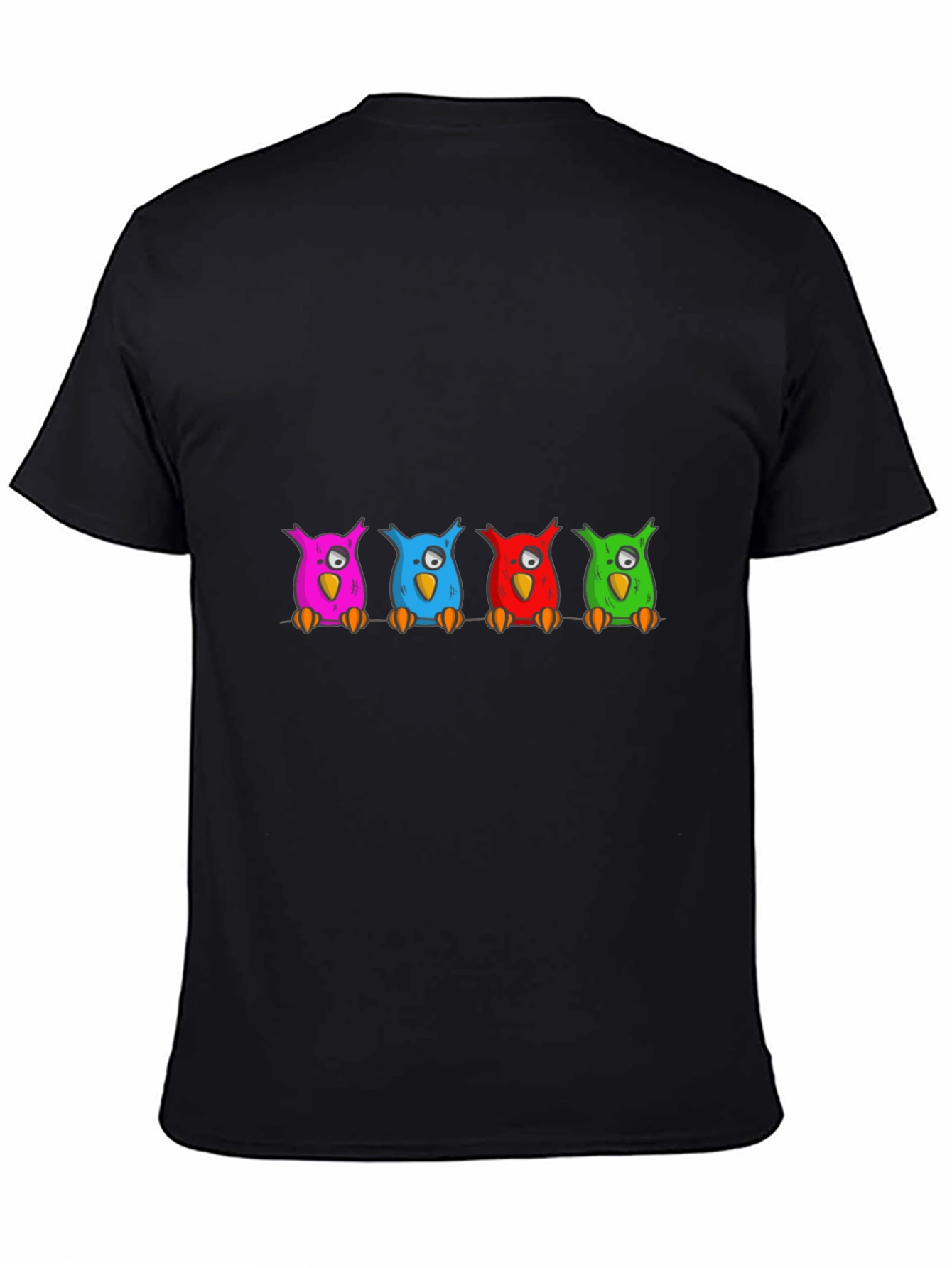 Black Colorful Cartoon Owls on a Branch T-Shirt view 4