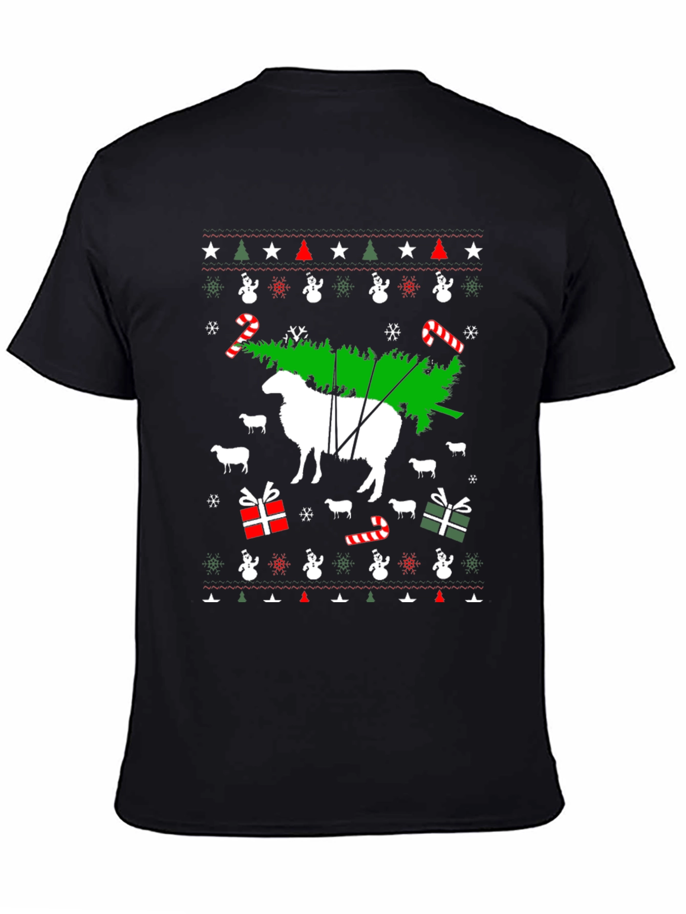 Black Funny Sheep Christmas Tree T-Shirt view 4